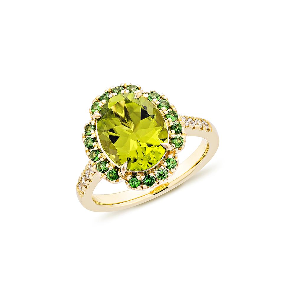 Contemporary 3.07 Carat Peridot Fancy Ring in 18KYG with Tsavorite and White Diamond.   For Sale