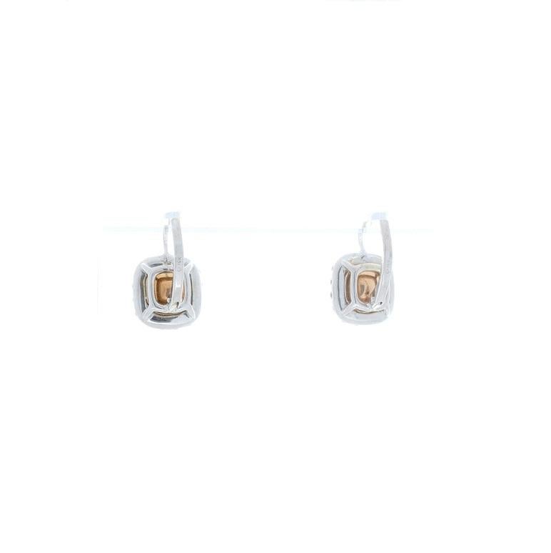 Contemporary 3.07 Carat Total Cushion Cut Brown Diamond Two-Tone Earrings in 18 Karat Gold