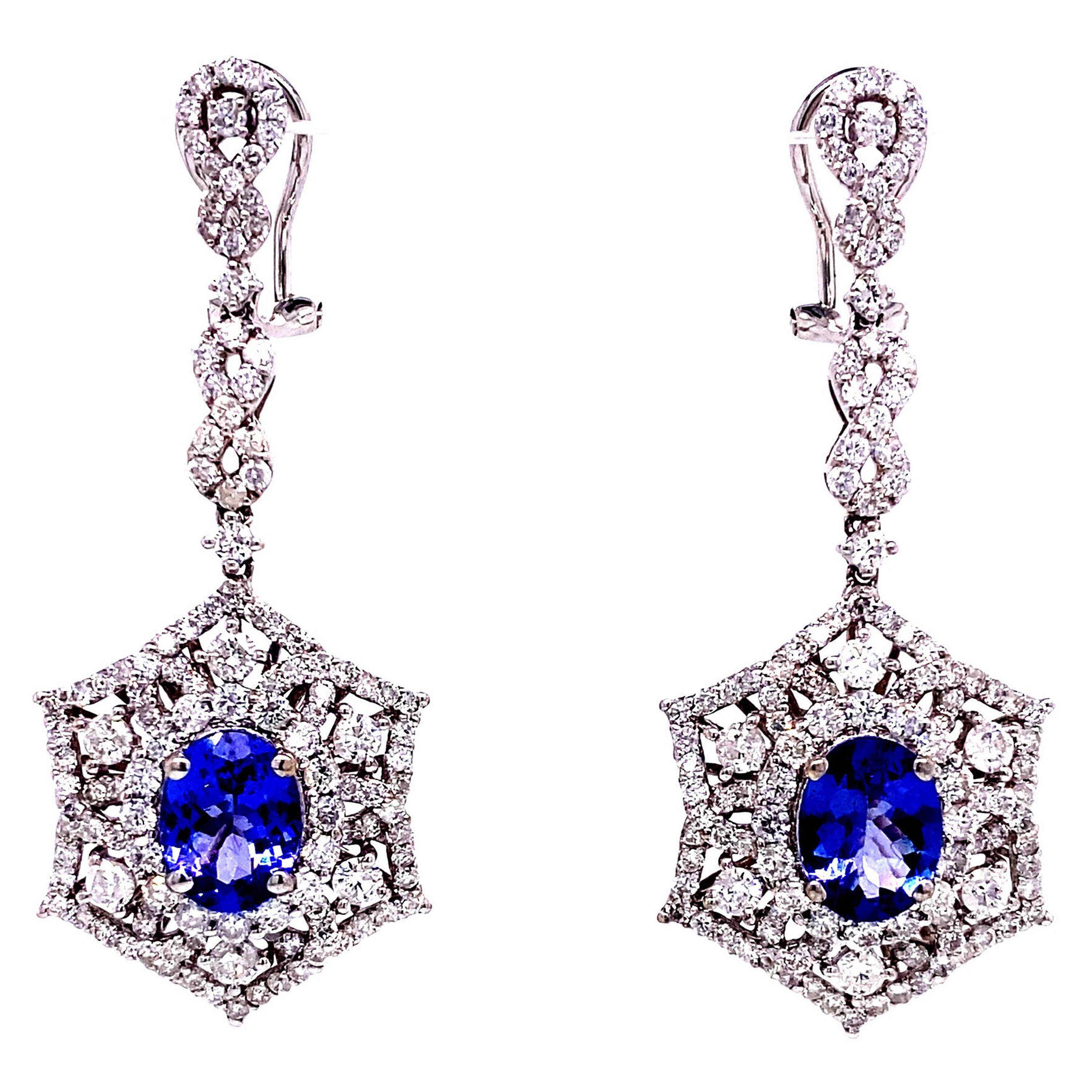 3.07 Carat Total Tanzanite Drop Earrings with Diamonds For Sale