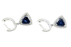 3.07 Carats Total Triangle Cut Blue Sapphire & Diamond Drop Earrings 14K Gold