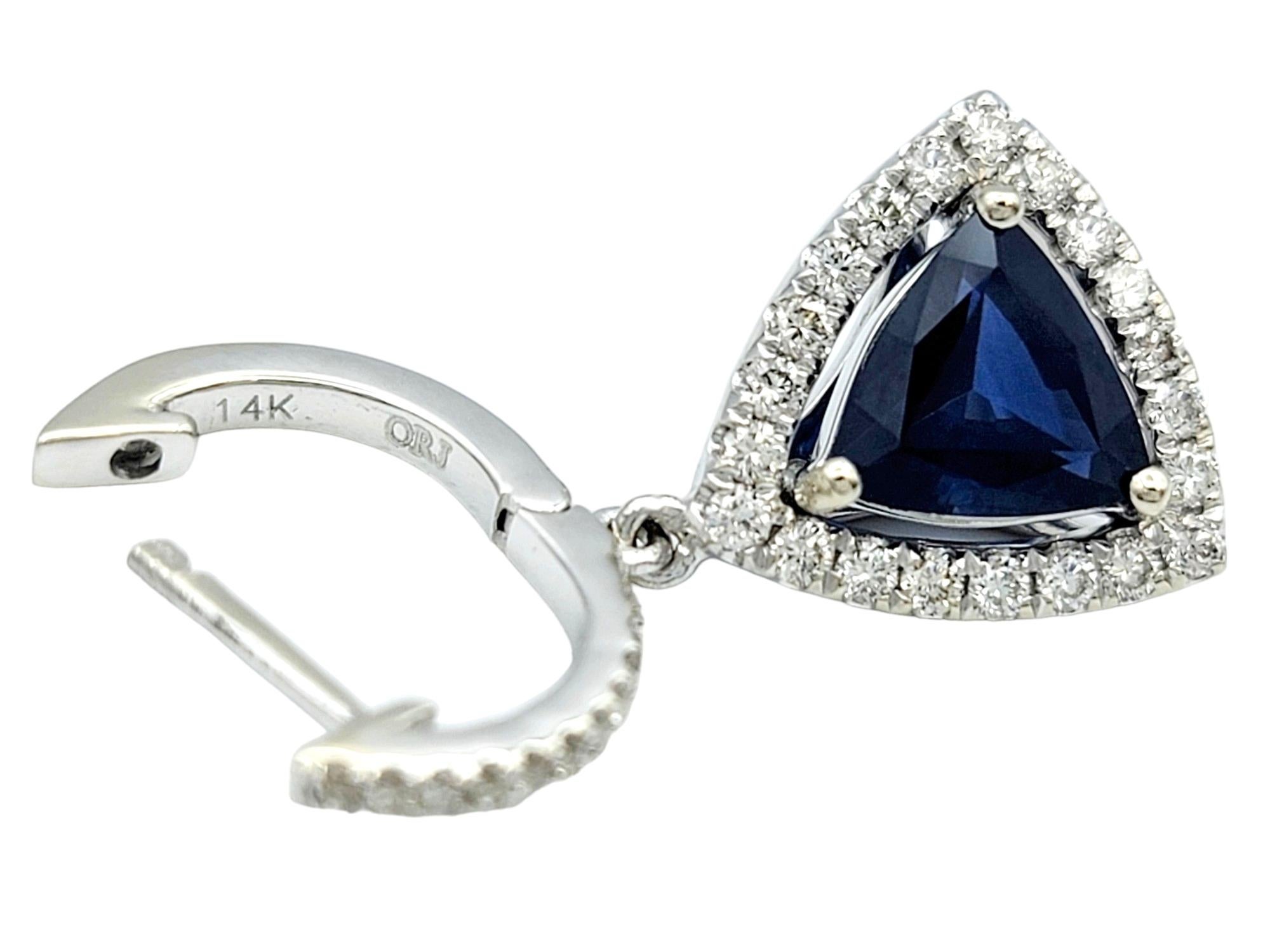Contemporary 3.07 Carat Total Triangle Cut Sapphire and Diamond Drop Earrings in White Gold  For Sale