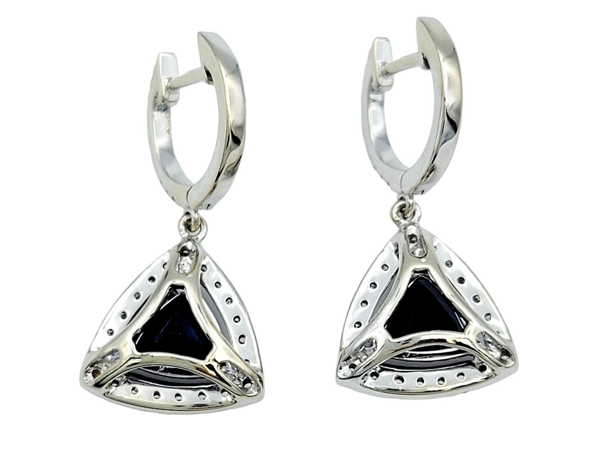 Trillion Cut 3.07 Carat Total Triangle Cut Sapphire and Diamond Drop Earrings in White Gold  For Sale
