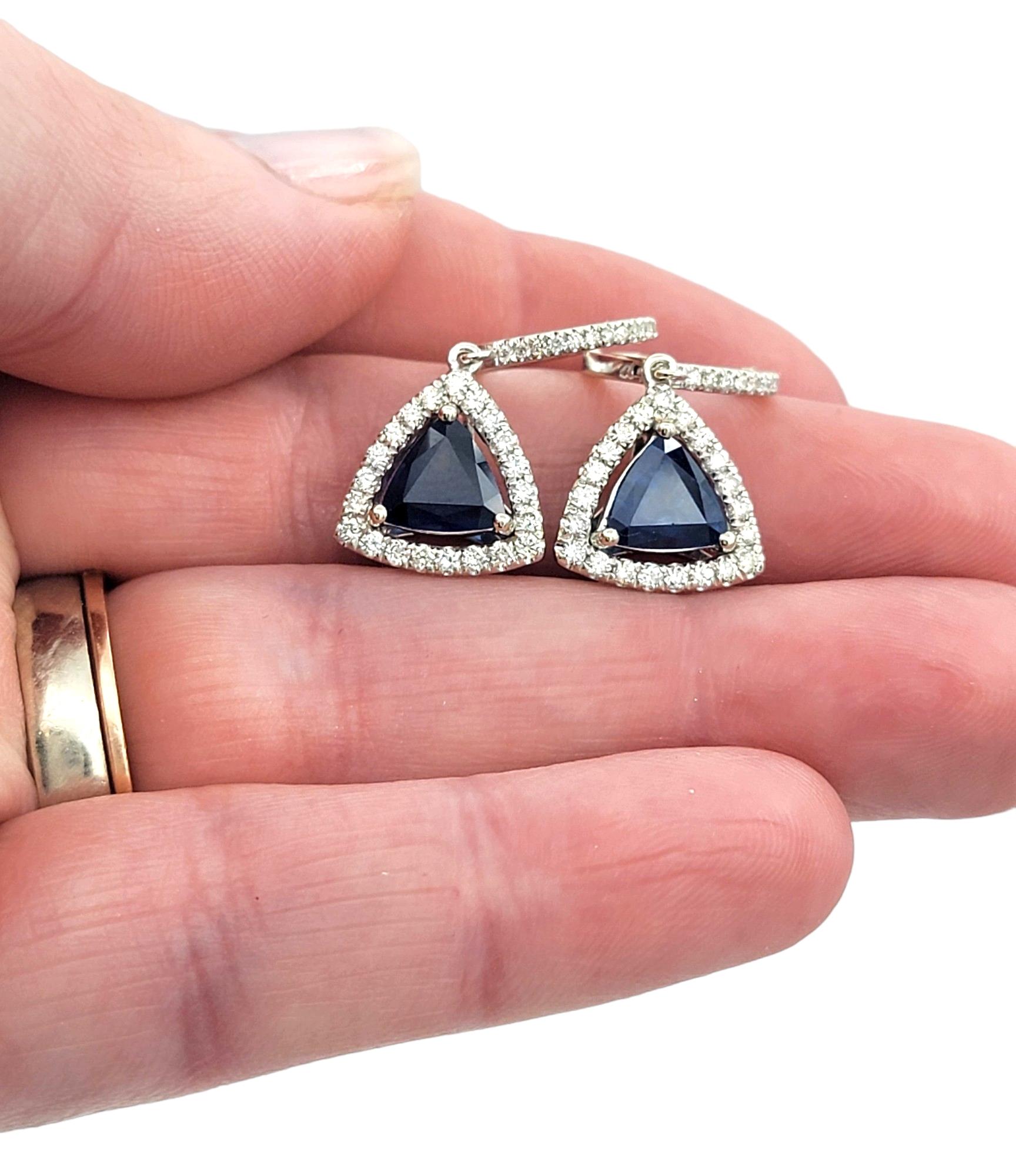 3.07 Carat Total Triangle Cut Sapphire and Diamond Drop Earrings in White Gold  In Good Condition For Sale In Scottsdale, AZ
