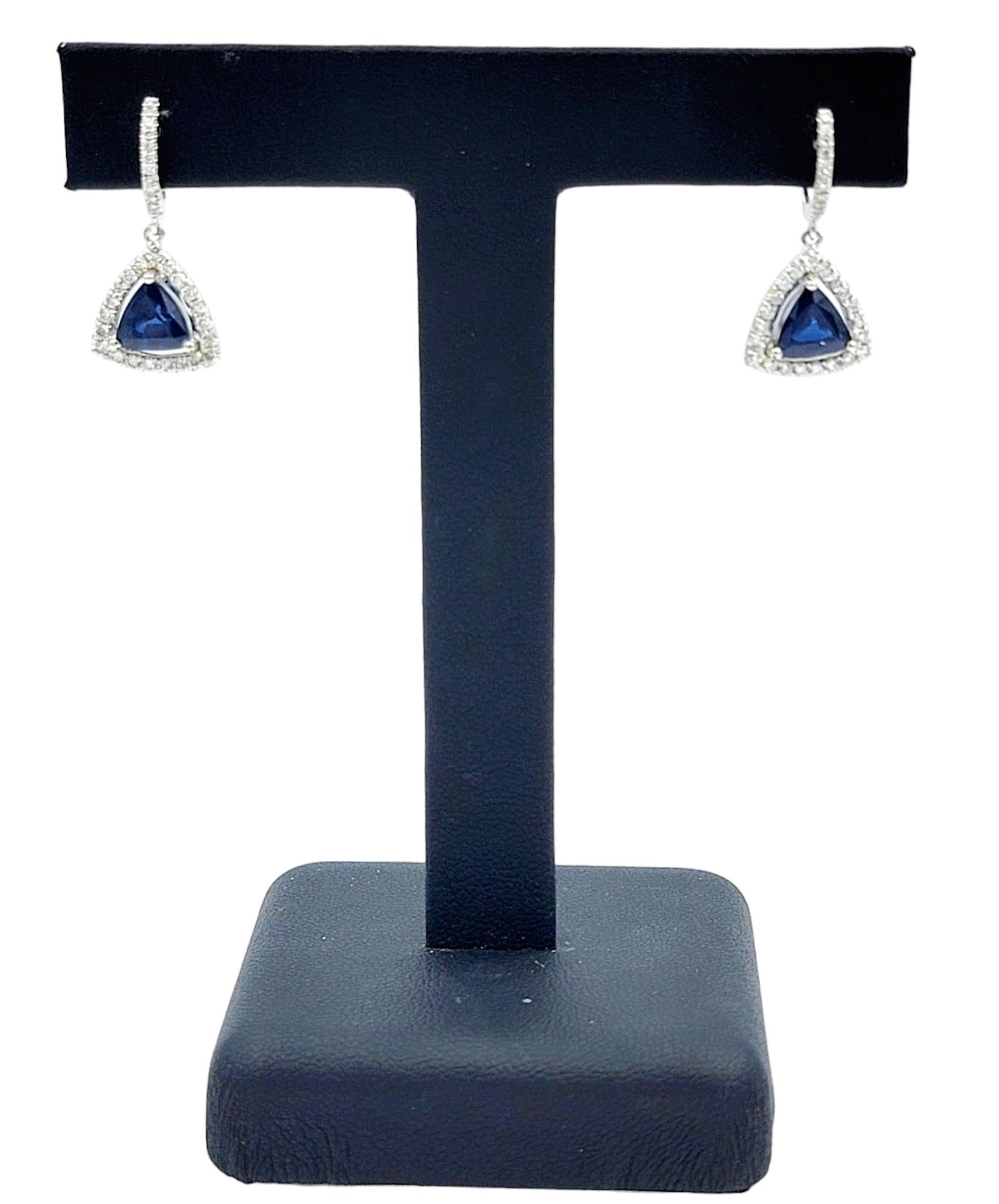Women's 3.07 Carat Total Triangle Cut Sapphire and Diamond Drop Earrings in White Gold  For Sale