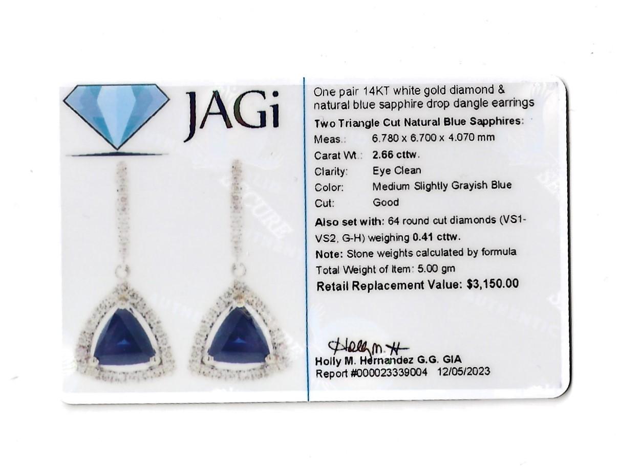 3.07 Carat Total Triangle Cut Sapphire and Diamond Drop Earrings in White Gold  For Sale 1