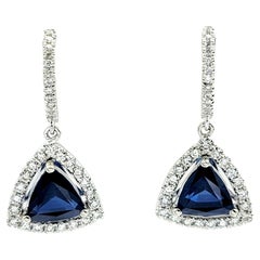 3.07 Carat Total Triangle Cut Sapphire and Diamond Drop Earrings in White Gold 