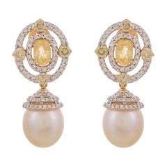 3.07 Carat Sapphire South Sea Pearl Diamond 18 Karat Yellow Gold Earrings