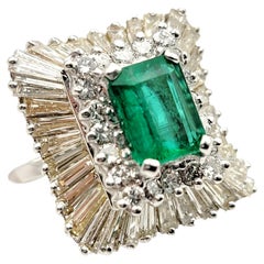 Vintage 3.07 Carats Total Emerald Cut Emerald and Diamond Cocktail Ring 14 Karat Gold