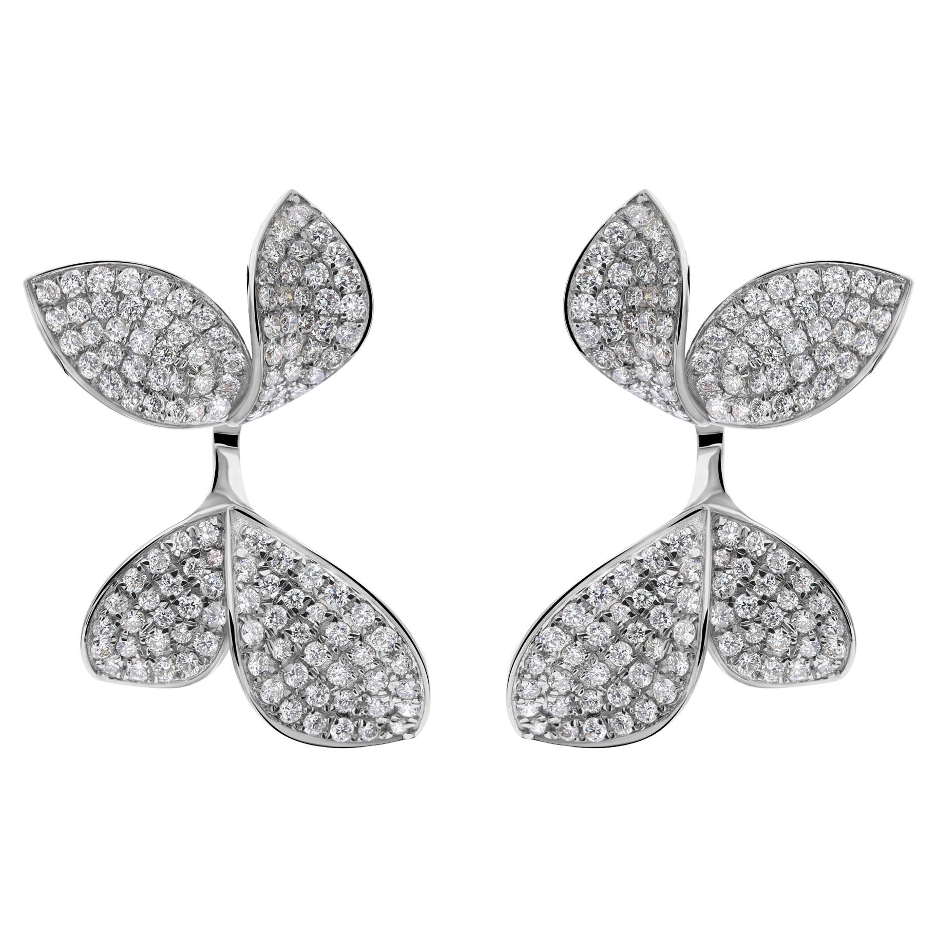 3.07Ct Natural Round Diamond Leaf Jacket Drop Earrings 14k White Gold