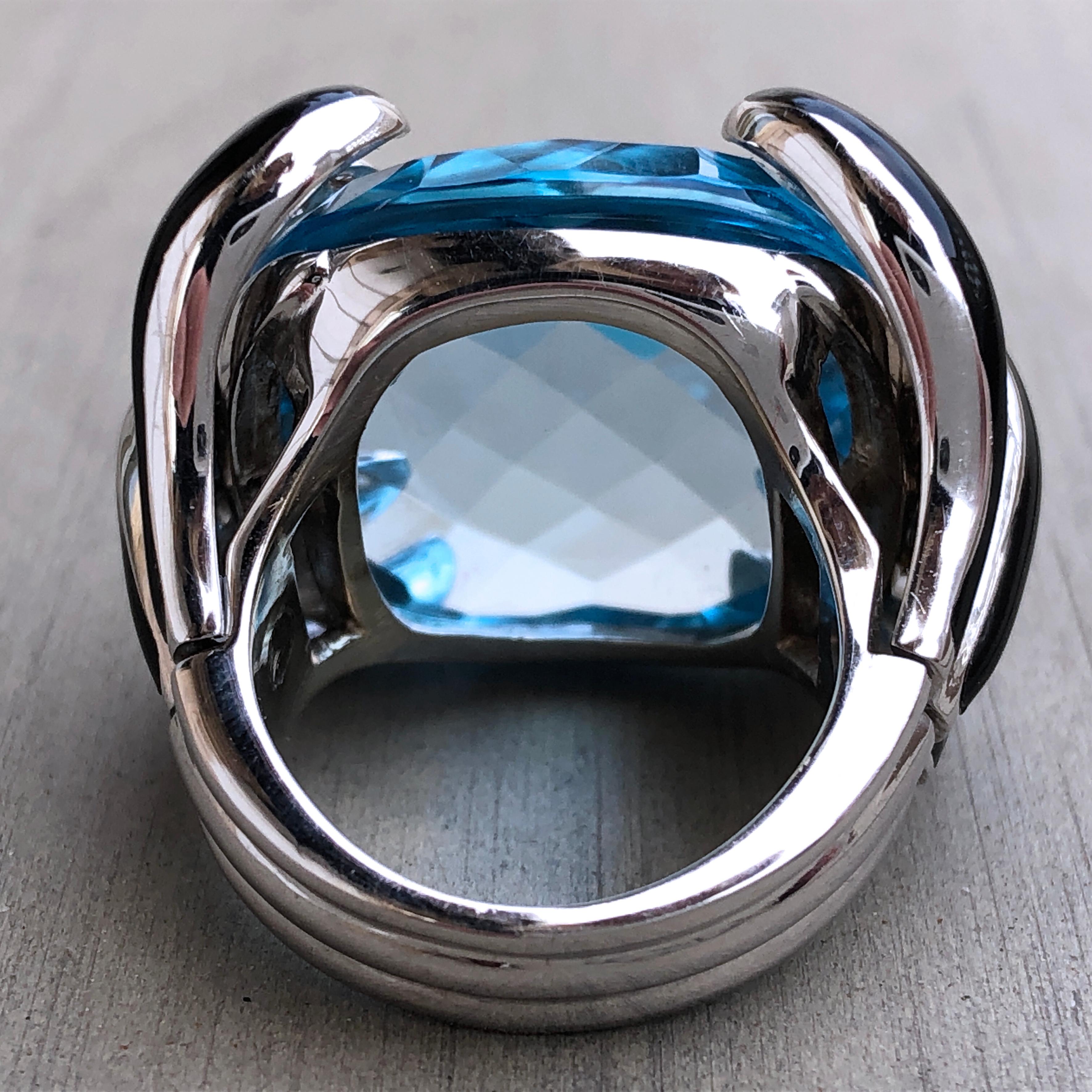 Berca 30.7Kt  Blue Topaz Cushion Cut 0.43Kt White Diamond Enamel Cocktail Ring 6