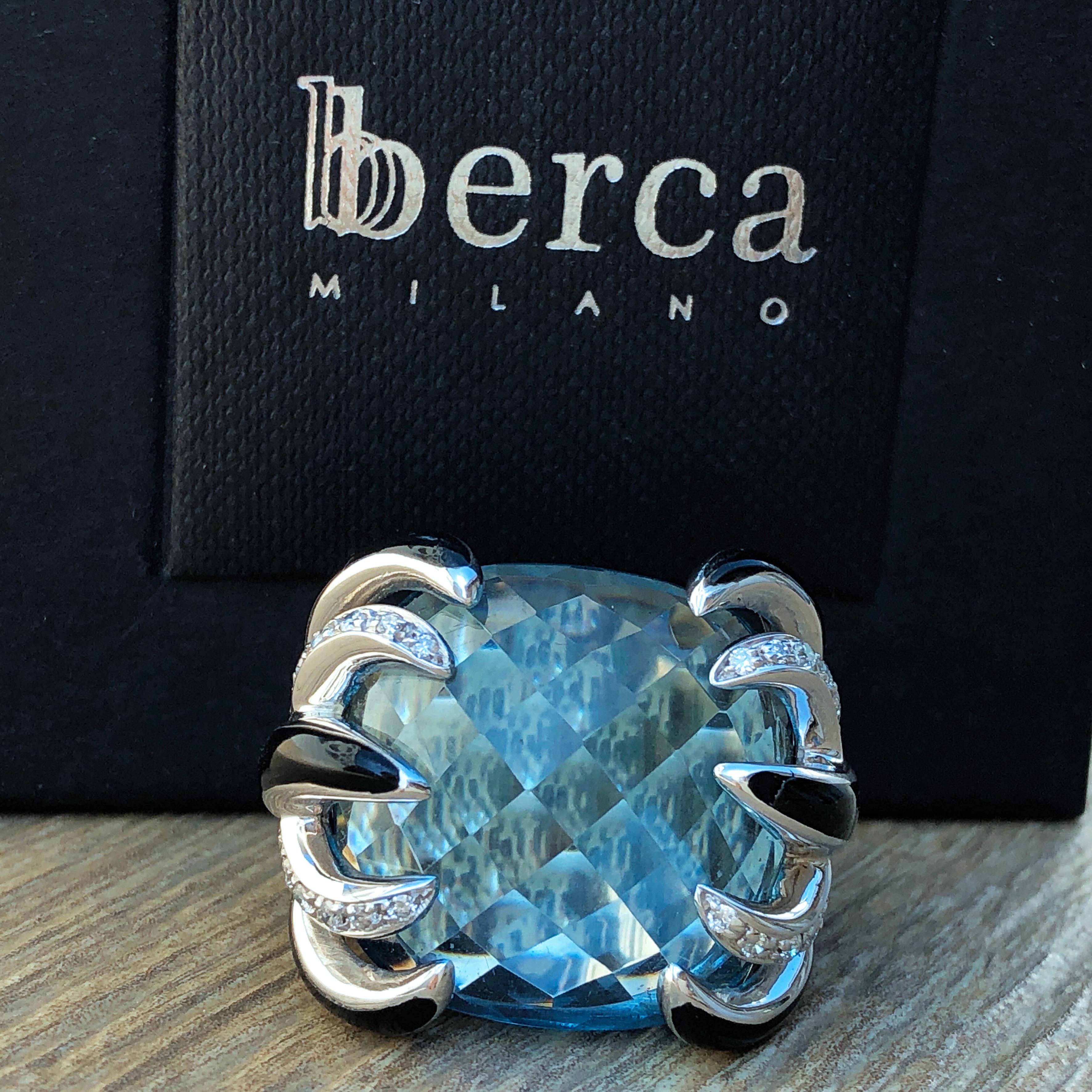 Modern Berca 30.7Kt  Blue Topaz Cushion Cut 0.43Kt White Diamond Enamel Cocktail Ring