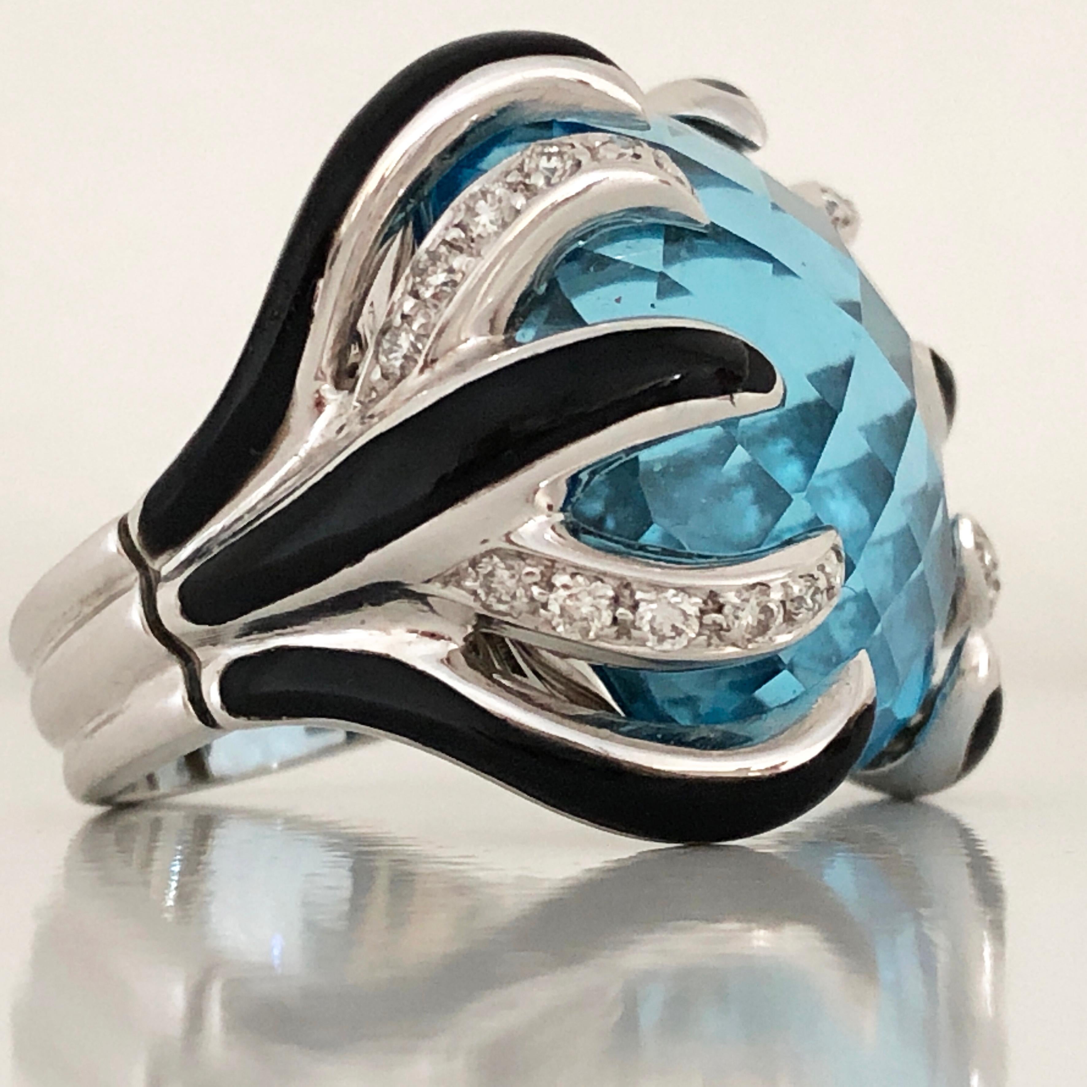 Berca 30.7Kt  Blue Topaz Cushion Cut 0.43Kt White Diamond Enamel Cocktail Ring In New Condition In Valenza, IT