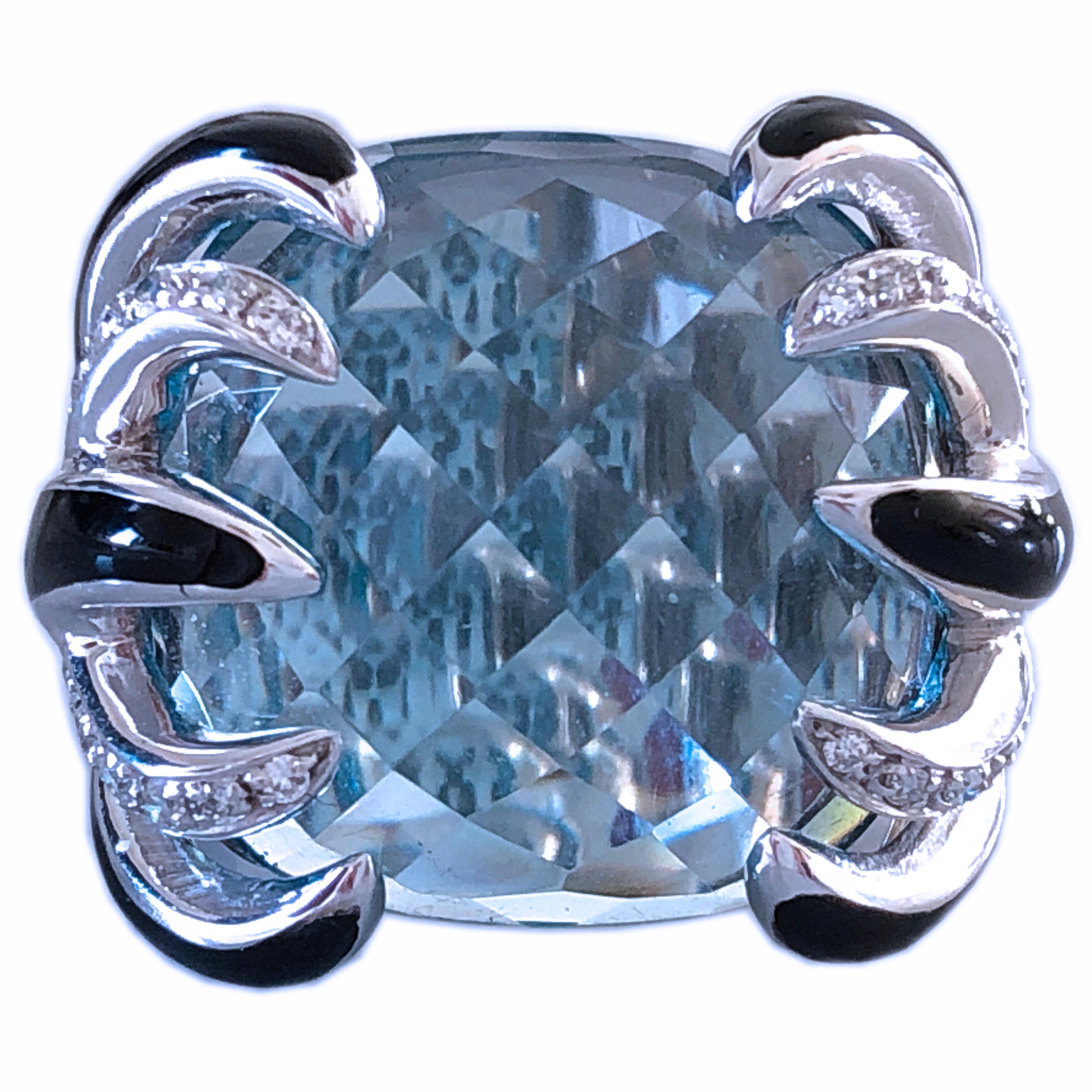 Women's Berca 30.7Kt  Blue Topaz Cushion Cut 0.43Kt White Diamond Enamel Cocktail Ring