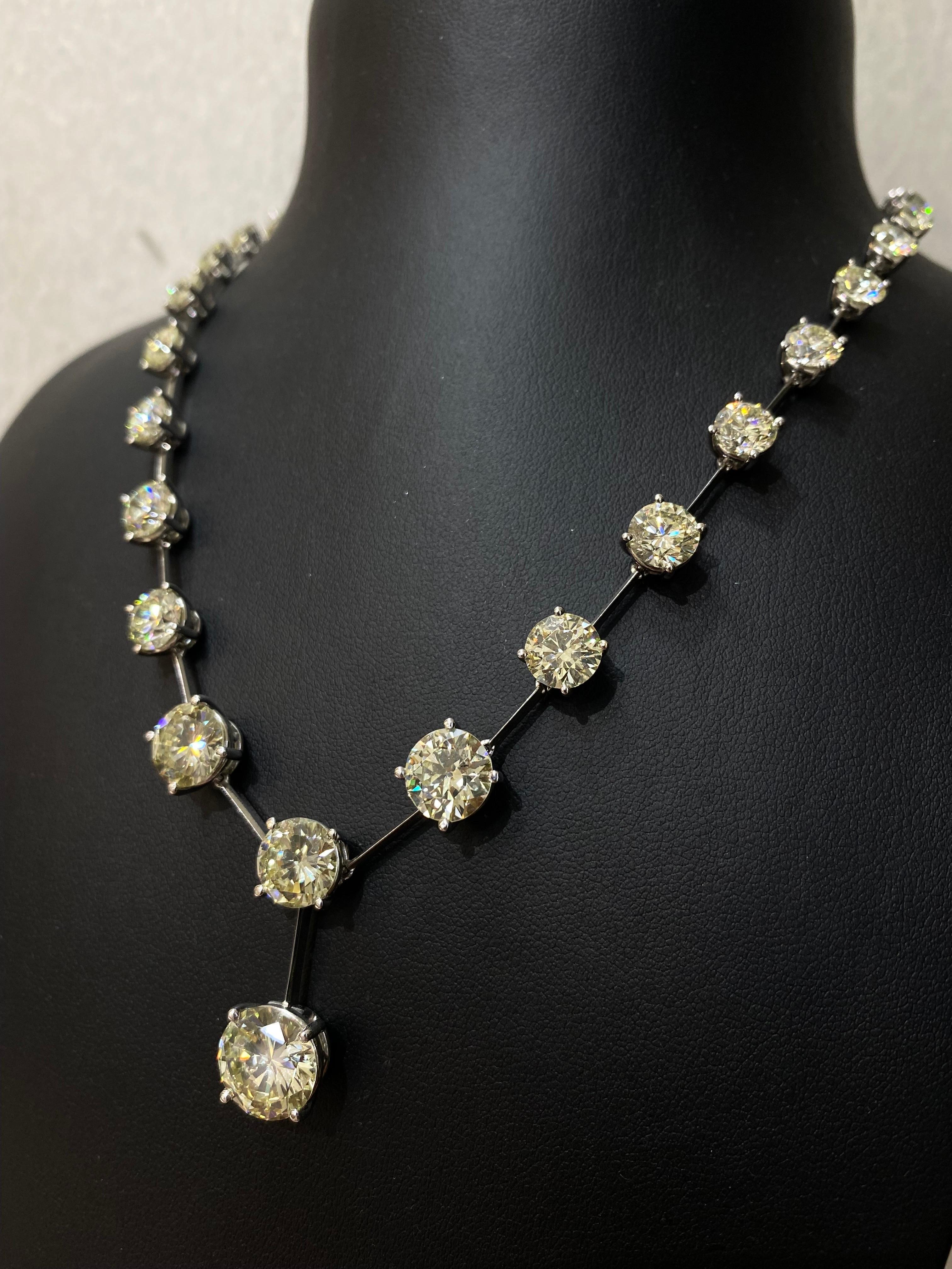 A one of a kind, 30.72 carat Diamond necklace, with single piece diamonds ranging from around 3.5 carat center stone to 0.3 carat. The clarity ranges from VVS-VS, K/L color and each stone has a brilliant luster. The necklace truly makes a statement,