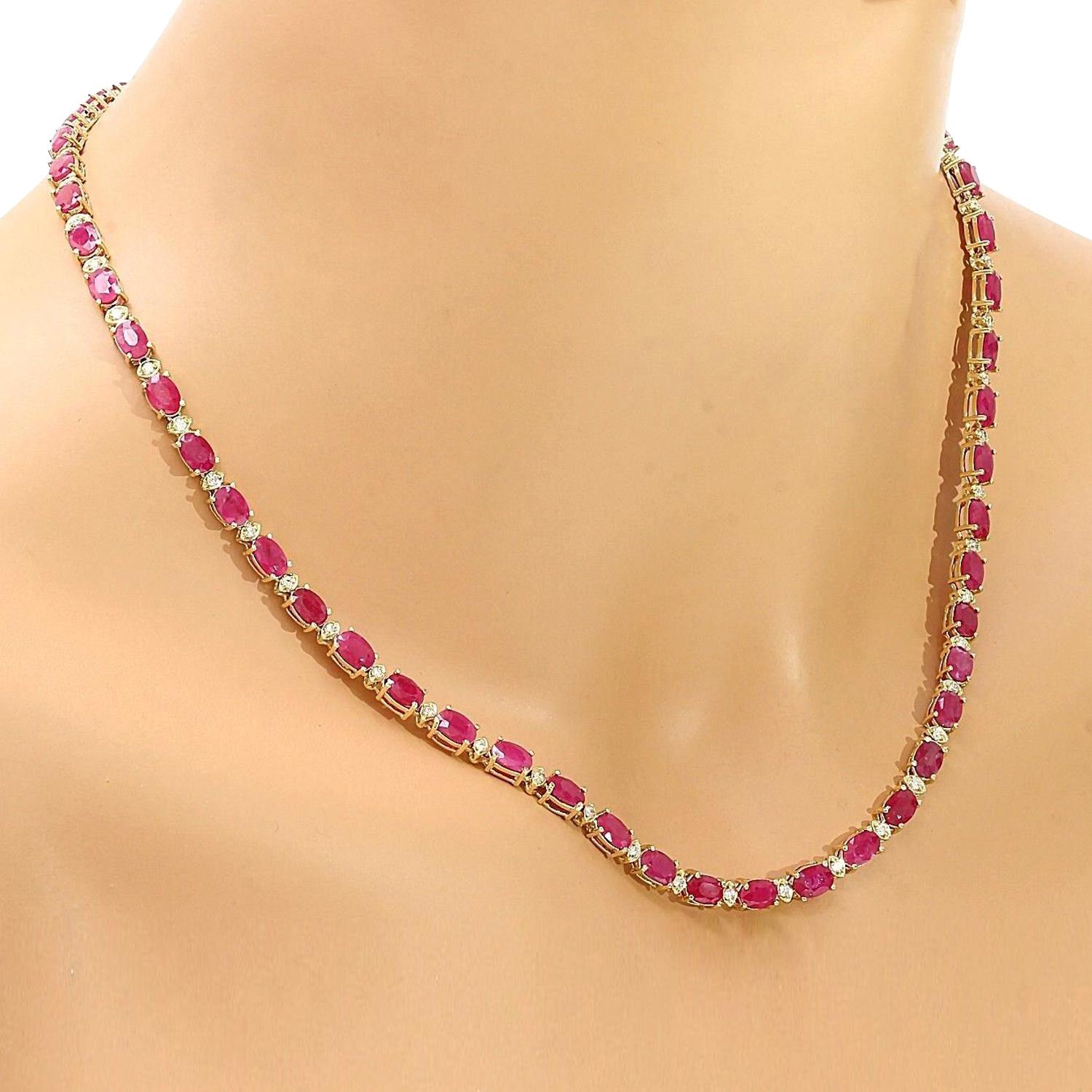 Presenting our exquisite 30.75 Carat Ruby 14K Solid Yellow Gold Diamond Necklace. This tennis-style necklace features a stunning oval-shaped Ruby, weighing 29.50 carats, exuding a rich red hue. Adorning the sides are dazzling Diamonds totaling 1.25