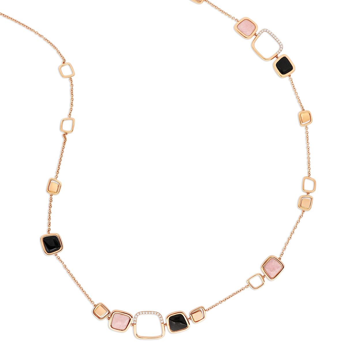 Dainty and feminine, this modern, Italian necklace will graciously add a touch of color and light to your outfit.
The square necklace is set with two semi-precious stones: pink opal and onyx.

Pink opal, as an opal gemstone, intrinsically represents