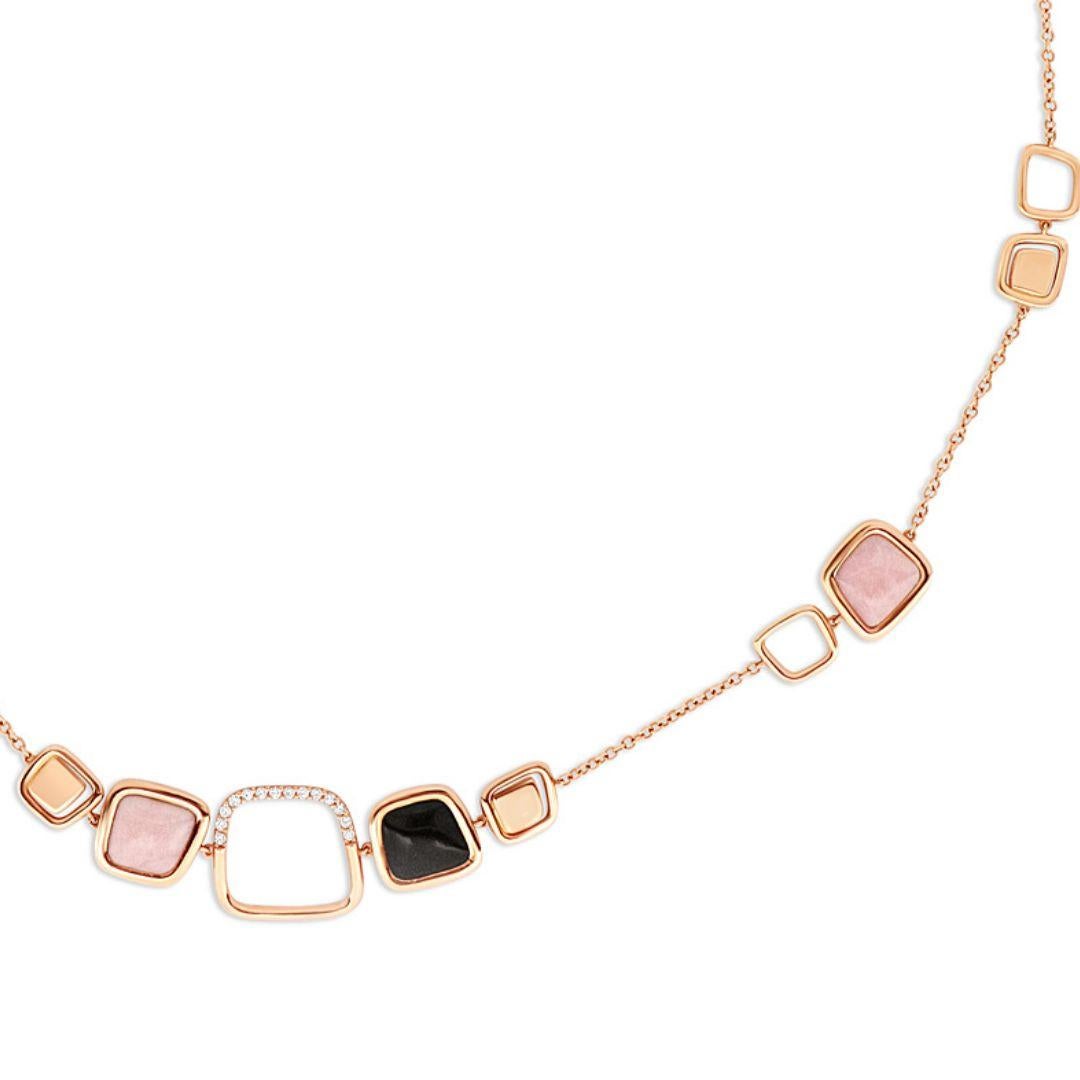 Artisan 30.75ct Onyx, Pink Opal and White Diamonds Long Square Necklace in 18k Rose Gold For Sale