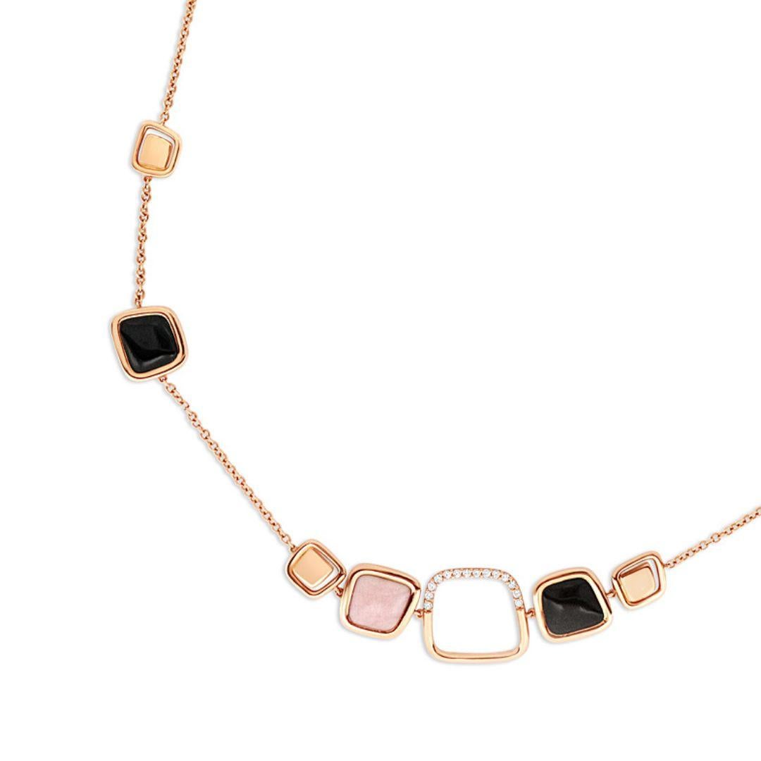 Brilliant Cut 30.75ct Onyx, Pink Opal and White Diamonds Long Square Necklace in 18k Rose Gold For Sale