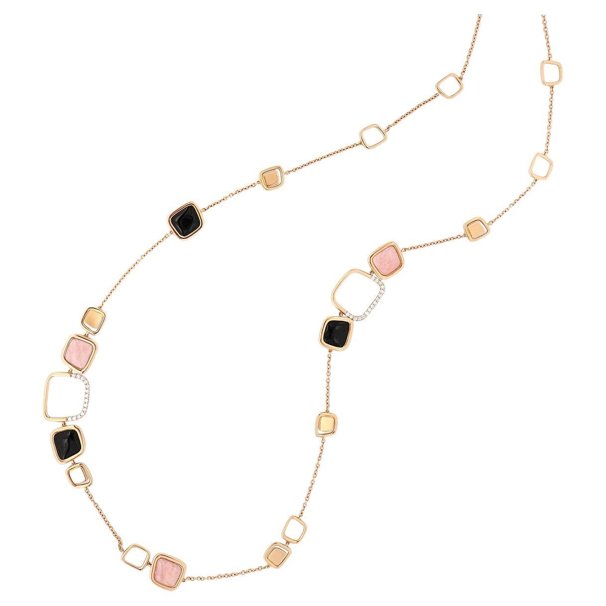 30.75ct Onyx, Pink Opal and White Diamonds Long Square Necklace in 18k Rose Gold For Sale