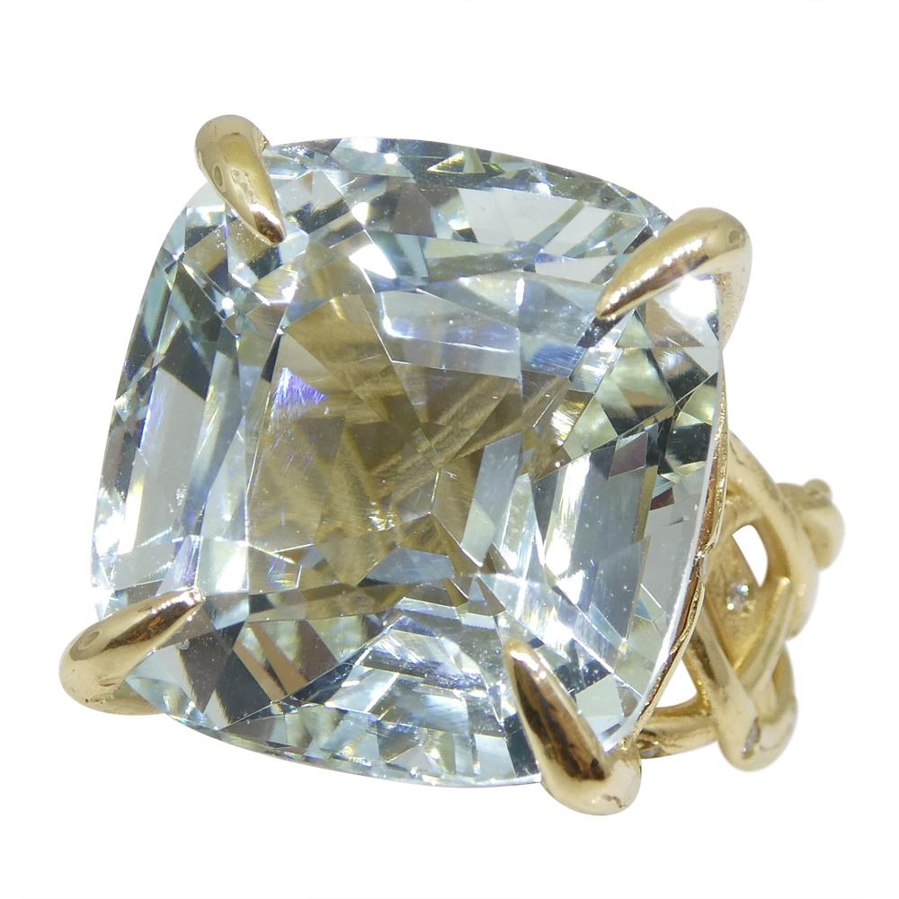 Cushion Cut 30.78ct Aquamarine and Diamond Vine Ring Set in 14k Yellow Gold For Sale