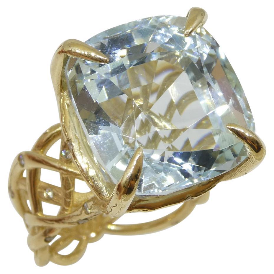 30.78ct Aquamarine and Diamond Vine Ring Set in 14k Yellow Gold For Sale