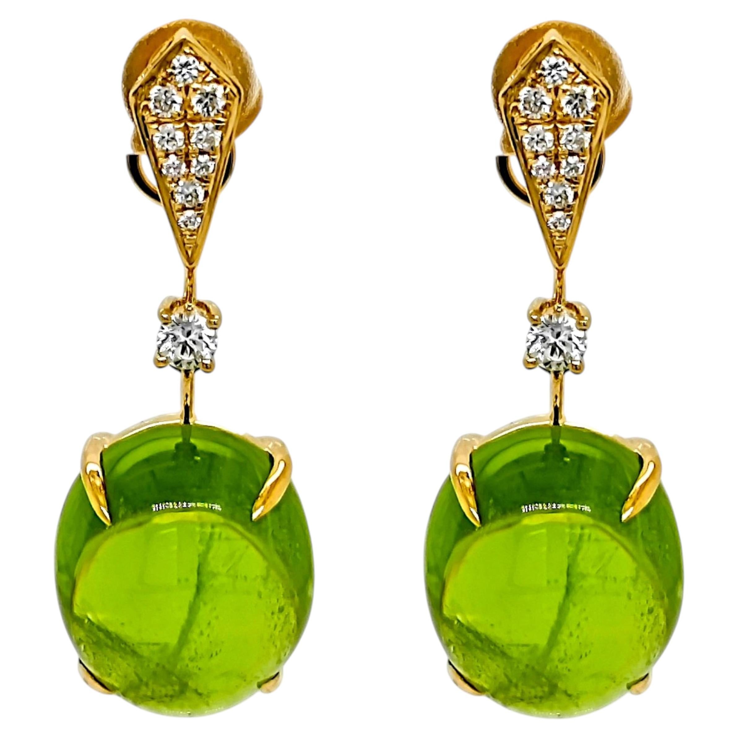 30.79 Carat Peridot White Diamond Yellow Gold Earrings For Sale