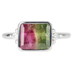 3.07ct Bi-Color Watermelon Tourmaline Statement Ring 14K Gold Diamond Bead Side