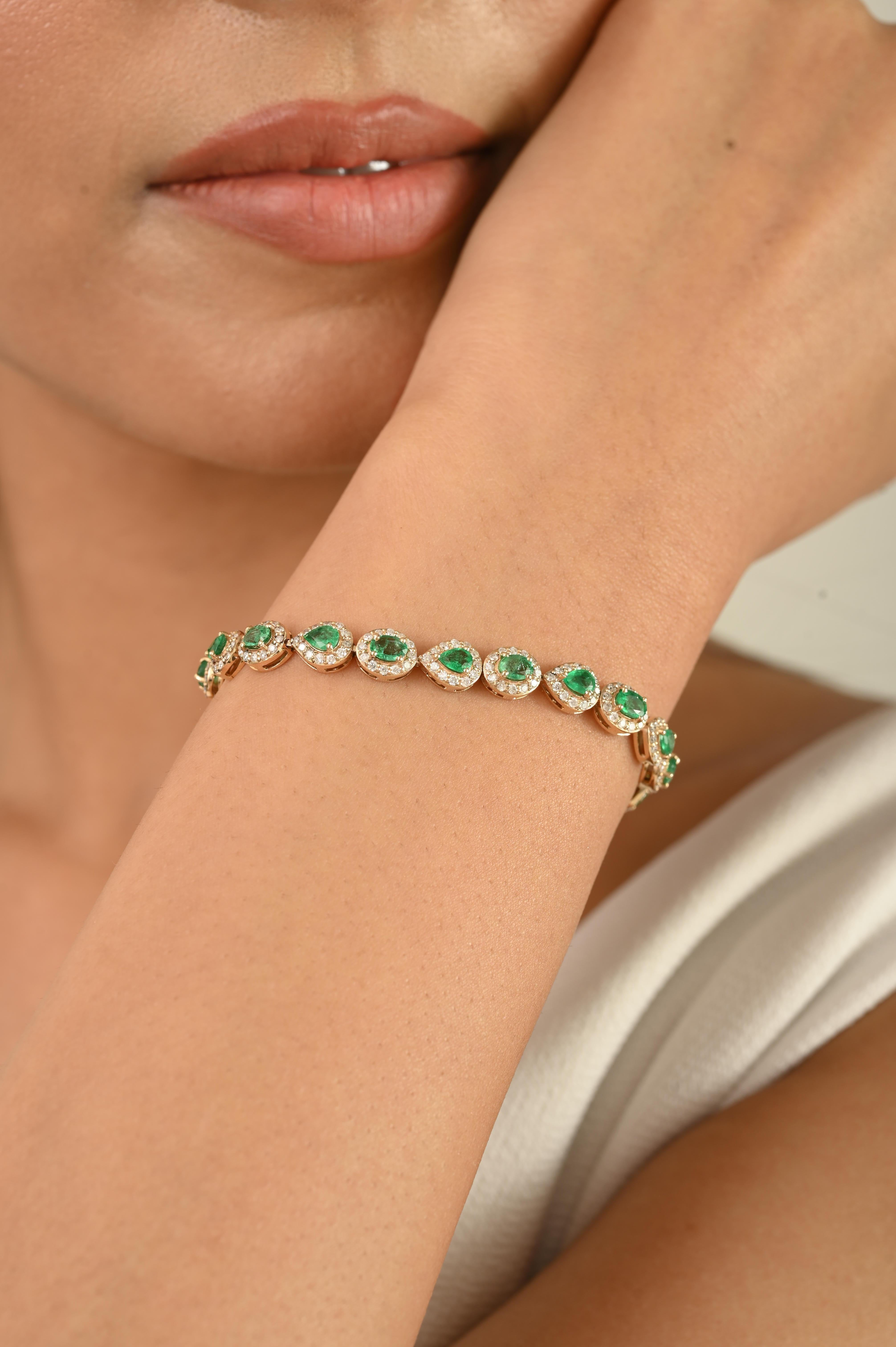 Bracciale tennis con smeraldo e diamanti da 3,07 carati in oro giallo 14k Regalo per lei in vendita 4
