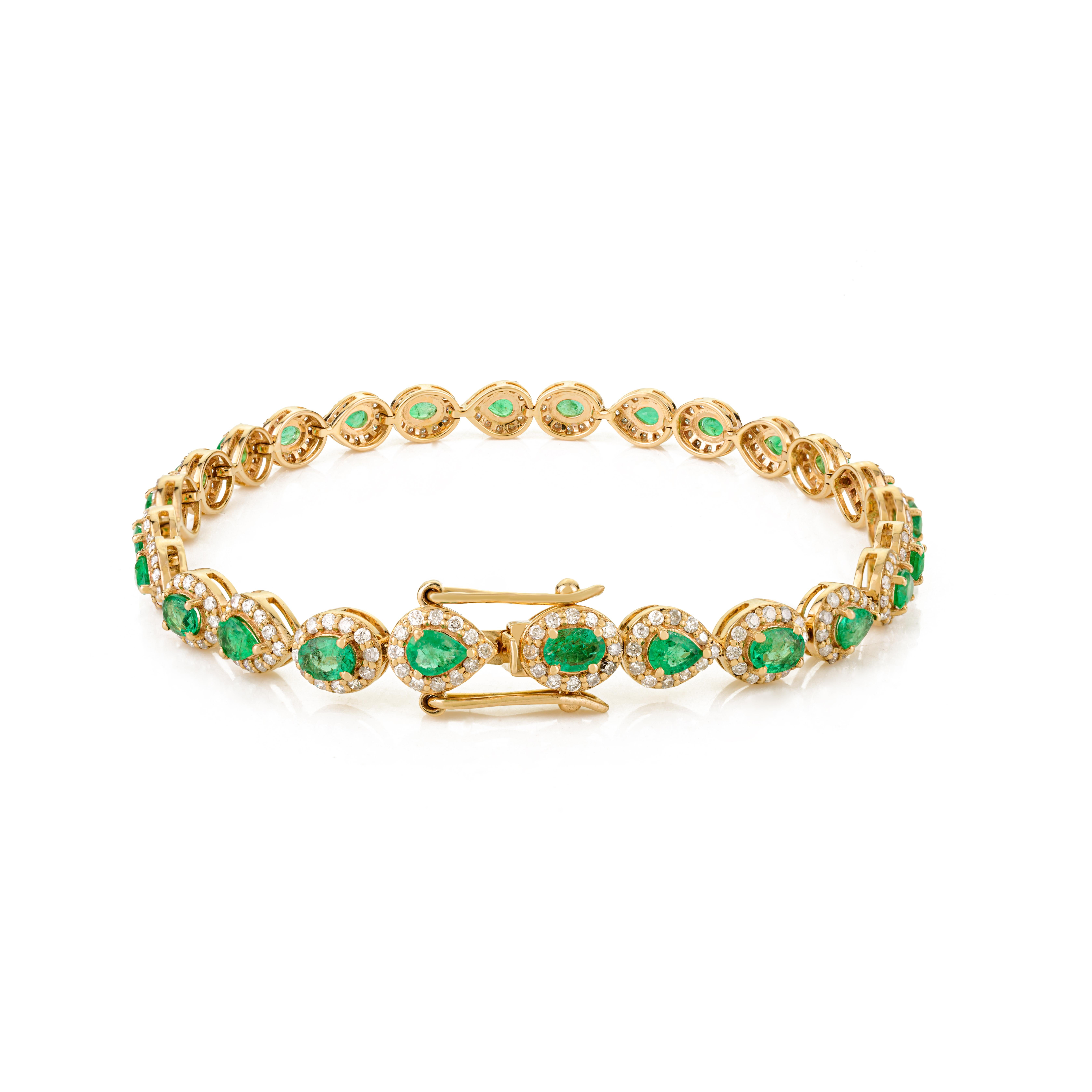 Moderno Bracciale tennis con smeraldo e diamanti da 3,07 carati in oro giallo 14k Regalo per lei in vendita