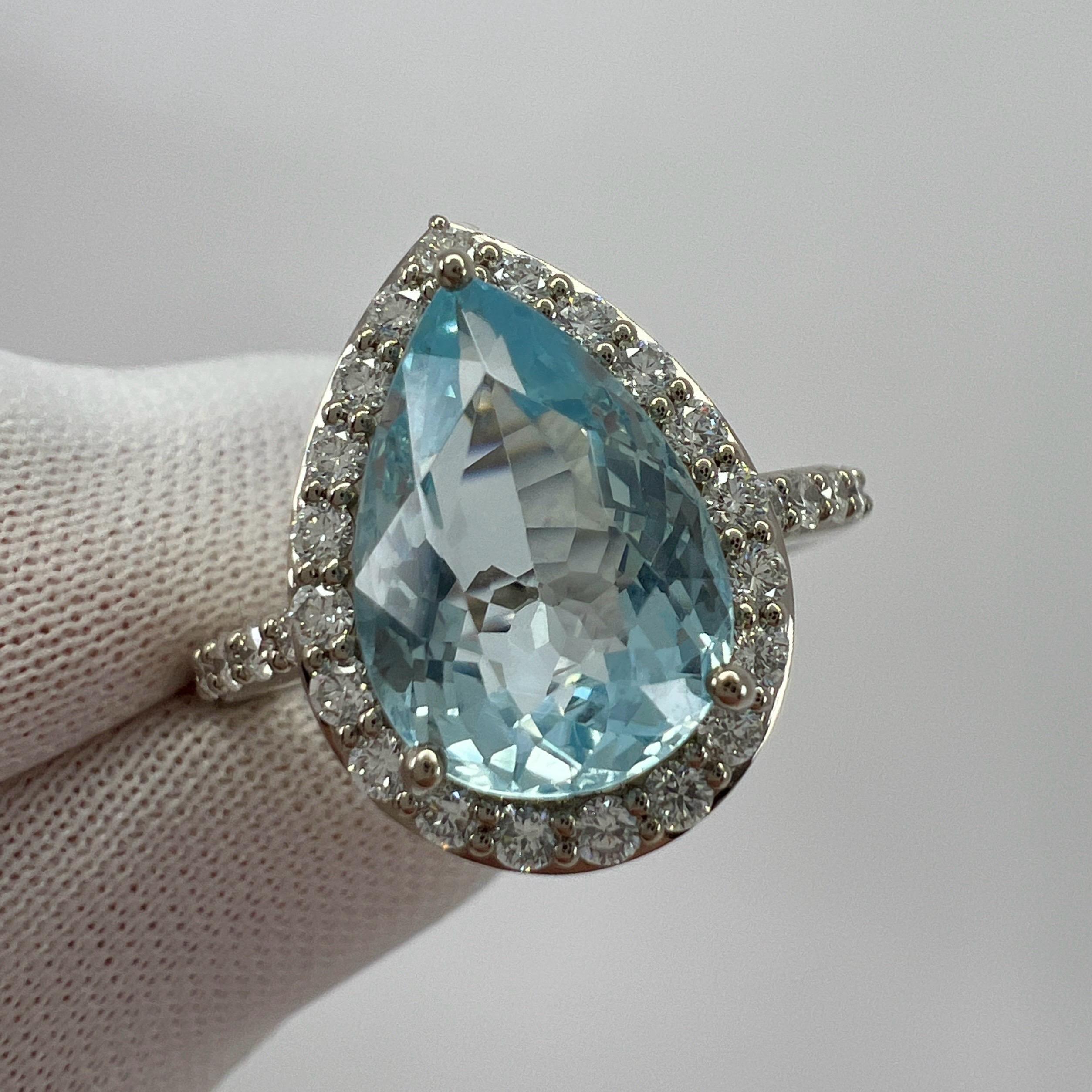 3.07ct Fine Blue Aquamarine & Diamond 18k White Gold Pear Cut Cluster Halo Ring For Sale 6
