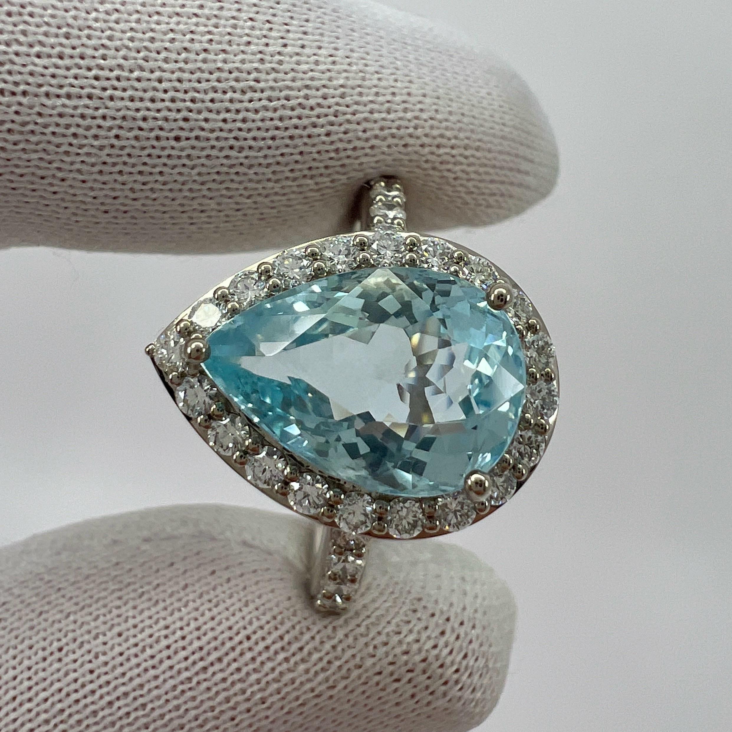 3.07ct Fine Blue Aquamarine & Diamond 18k White Gold Pear Cut Cluster Halo Ring In New Condition For Sale In Birmingham, GB