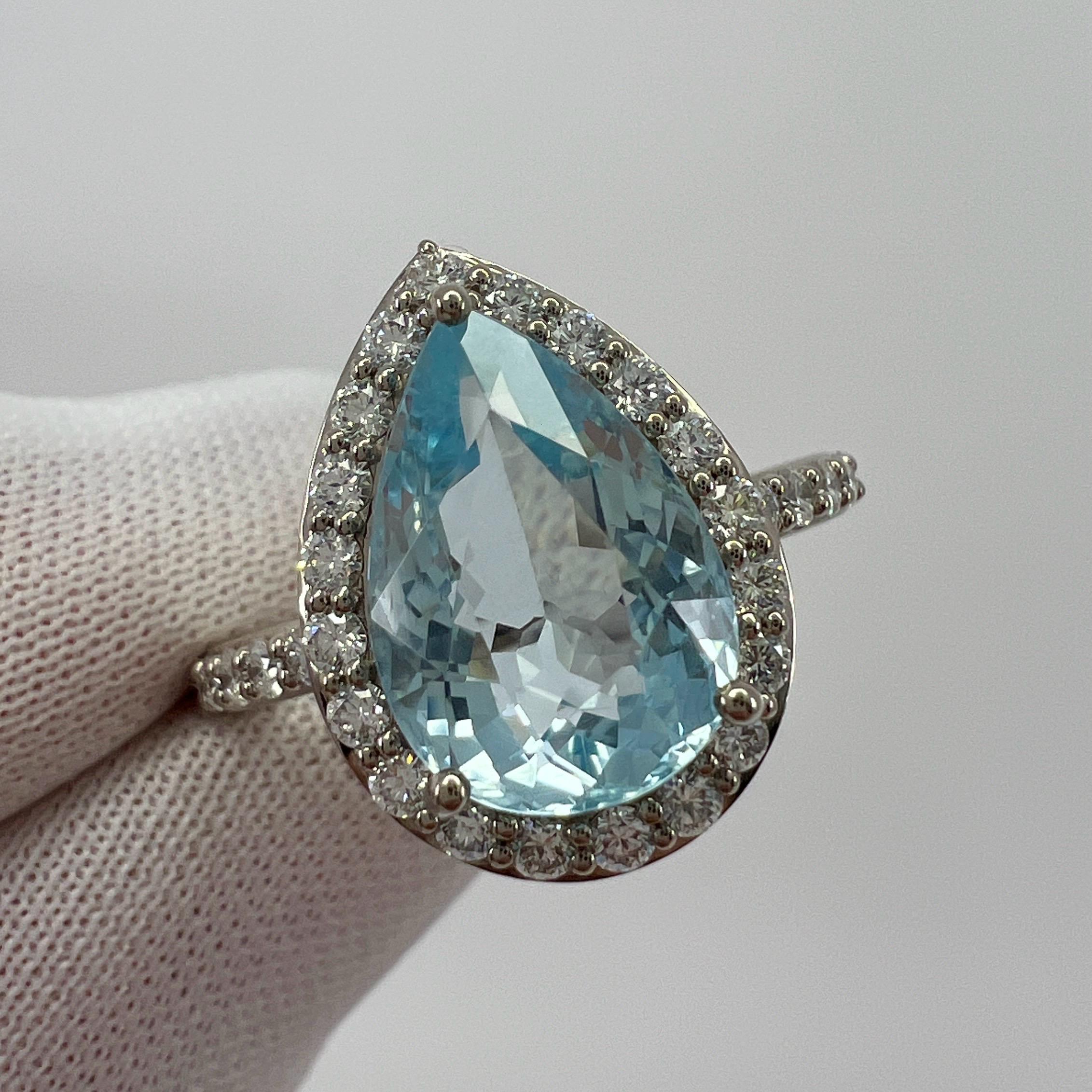 Women's or Men's 3.07ct Fine Blue Aquamarine & Diamond 18k White Gold Pear Cut Cluster Halo Ring For Sale