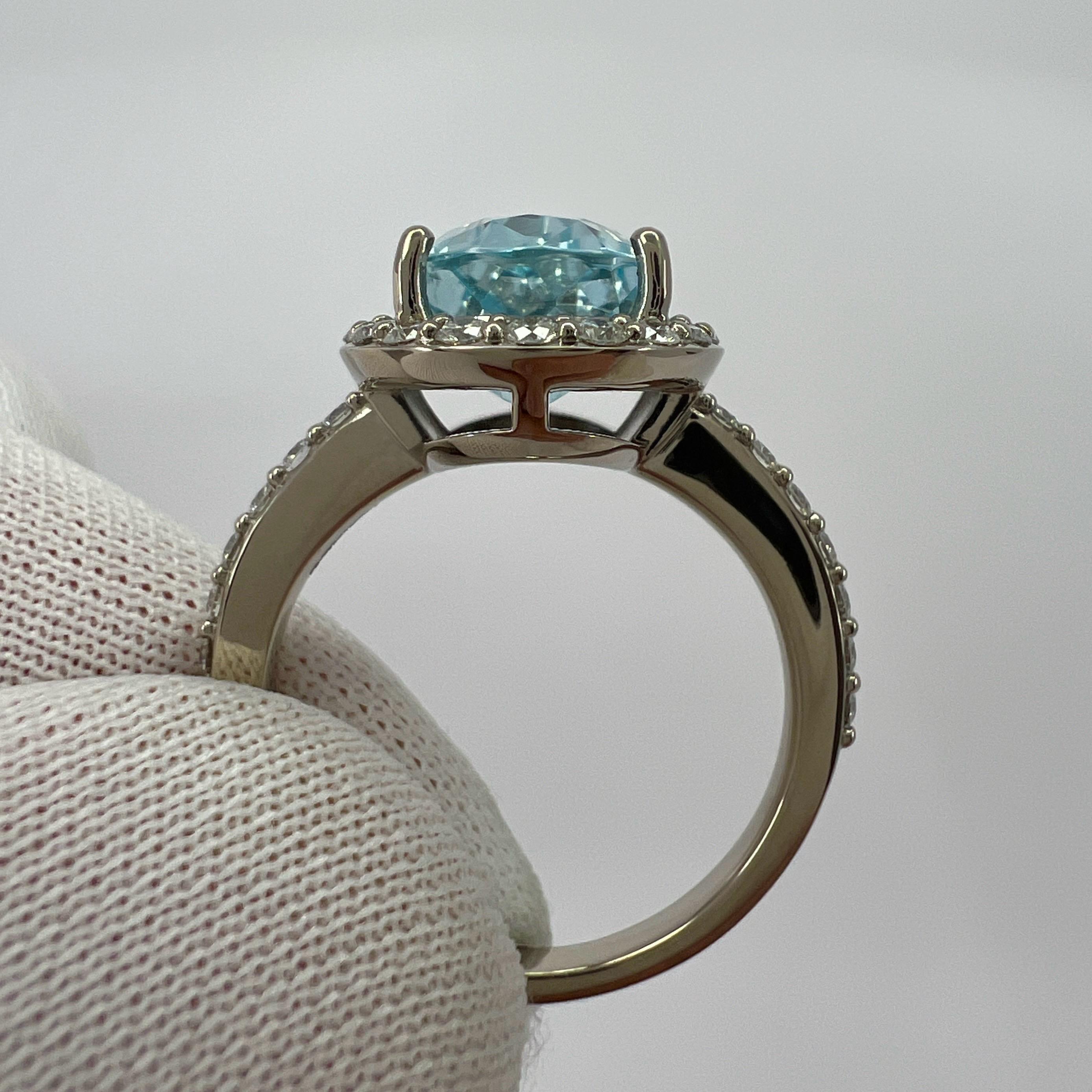 3.07ct Fine Blue Aquamarine & Diamond 18k White Gold Pear Cut Cluster Halo Ring For Sale 1