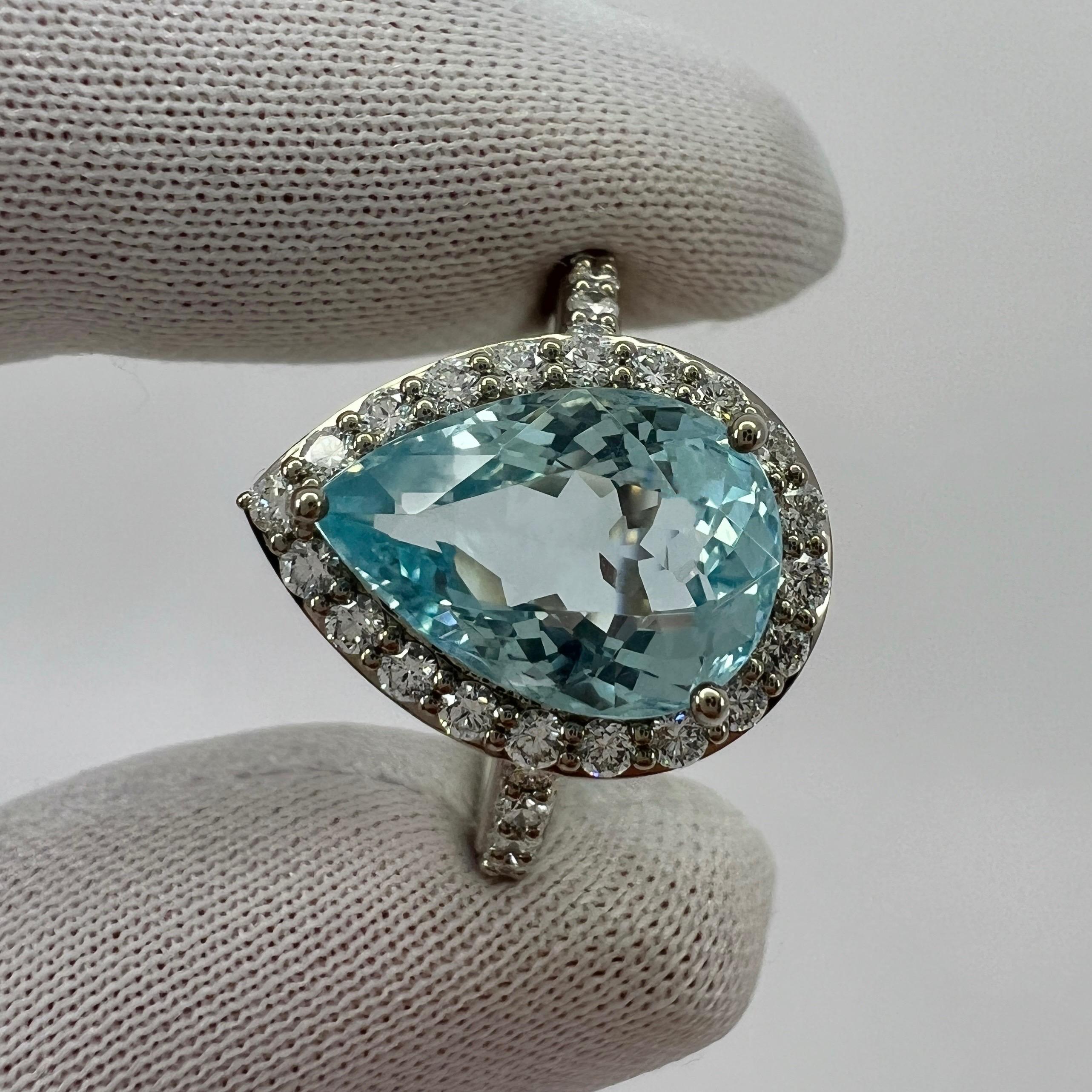 3.07ct Fine Blue Aquamarine & Diamond 18k White Gold Pear Cut Cluster Halo Ring For Sale 2