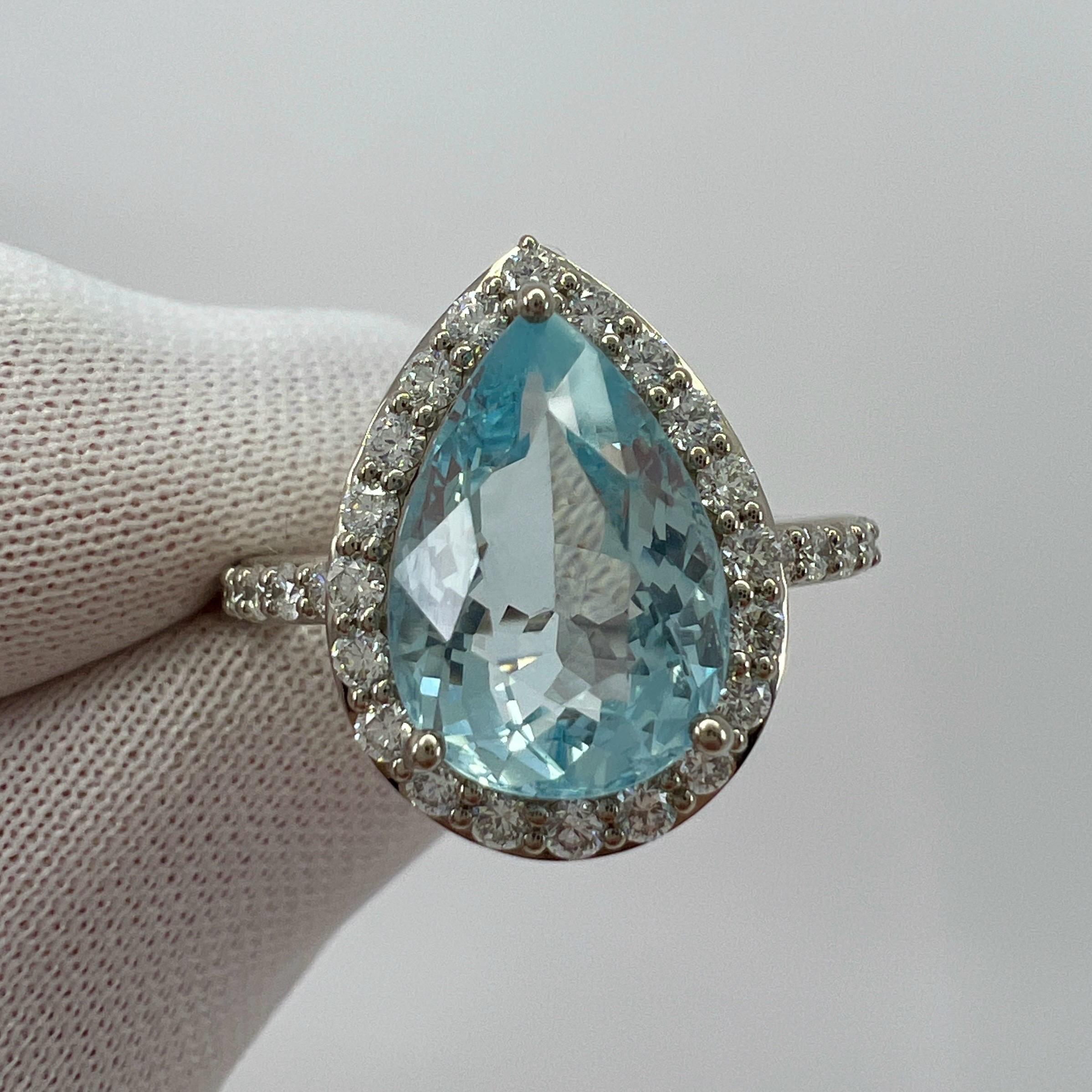 3.07ct Fine Blue Aquamarine & Diamond 18k White Gold Pear Cut Cluster Halo Ring For Sale 3