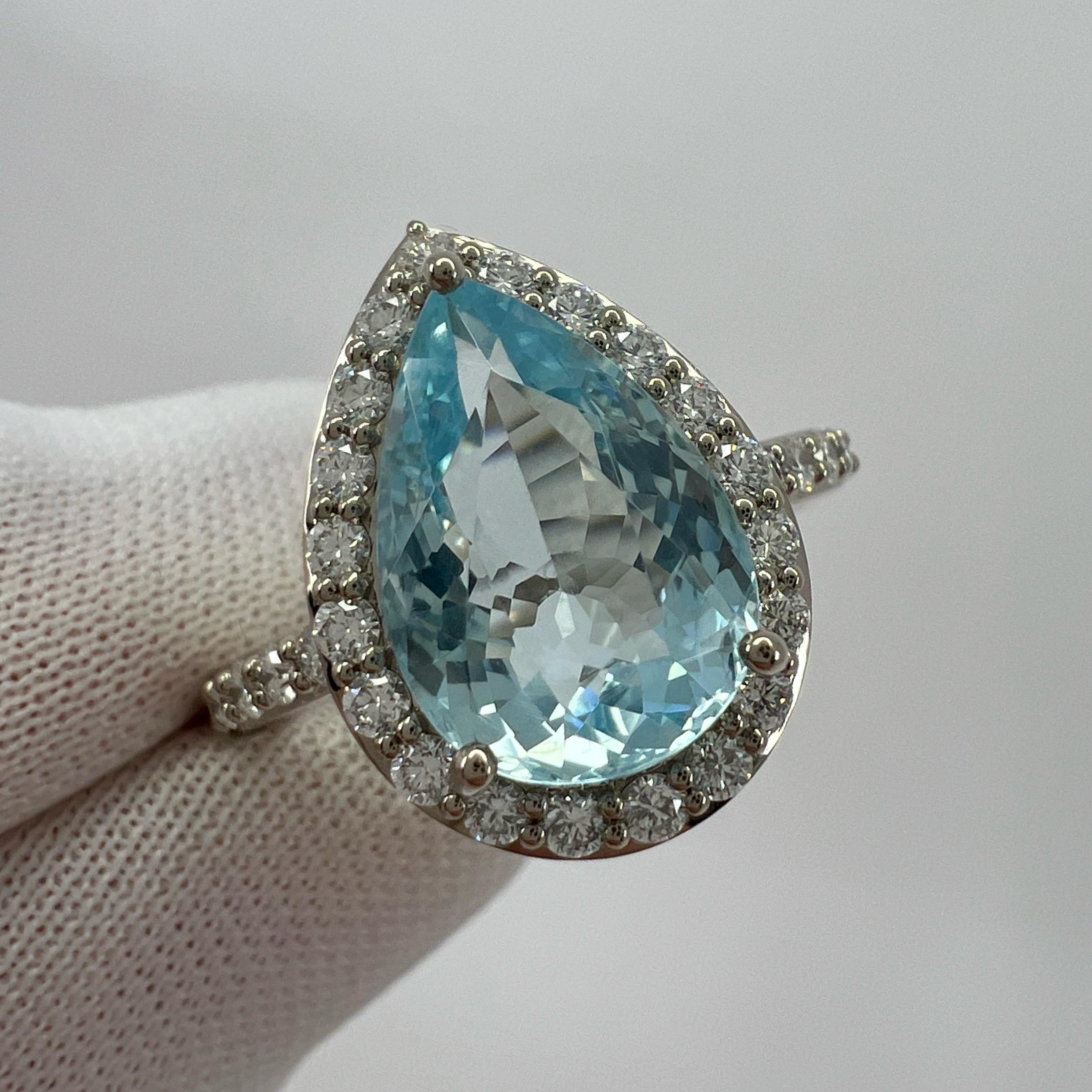 3.07ct Fine Blue Aquamarine & Diamond 18k White Gold Pear Cut Cluster Halo Ring For Sale 5