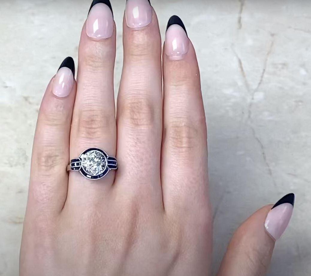 3.07ct Old European Cut Diamond Engagement Ring, Sapphire Halo, Platinum For Sale 3