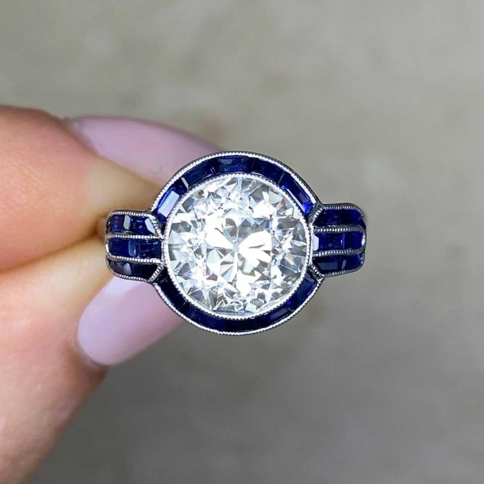 3.07ct Old European Cut Diamond Engagement Ring, Sapphire Halo, Platinum For Sale 4