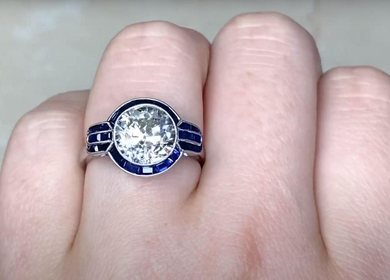 3.07ct Old European Cut Diamond Engagement Ring, Sapphire Halo, Platinum For Sale 2