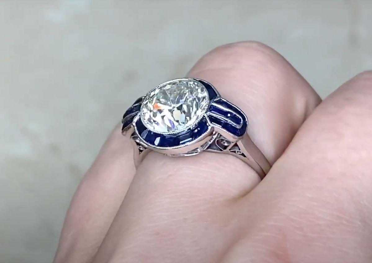 Women's 3.07ct Old European Cut Diamond Engagement Ring, Sapphire Halo, Platinum For Sale