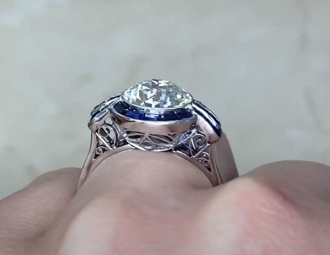 3.07ct Old European Cut Diamond Engagement Ring, Sapphire Halo, Platinum For Sale 1
