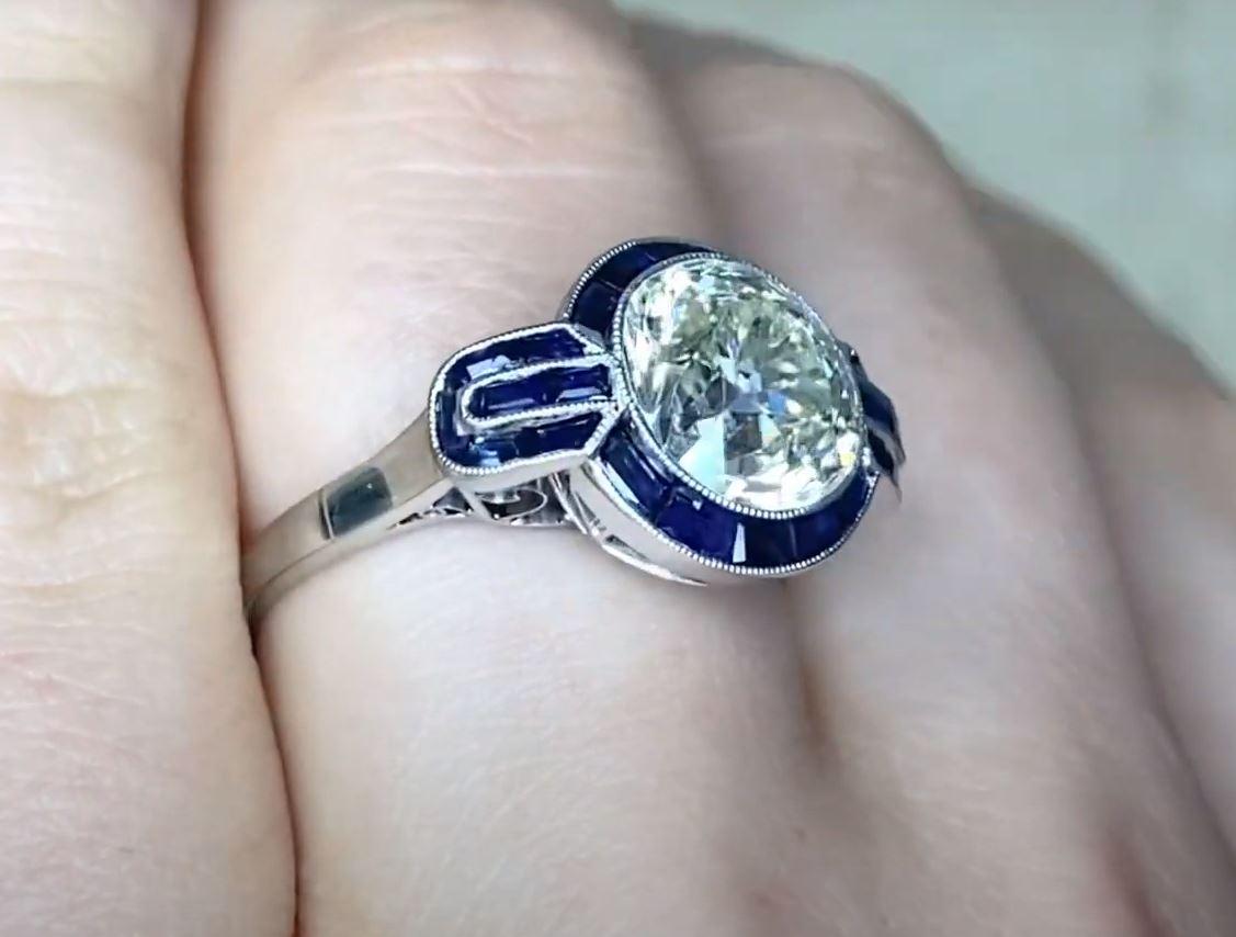 3.07ct Old European Cut Diamond Engagement Ring, Sapphire Halo, Platinum In Excellent Condition For Sale In New York, NY