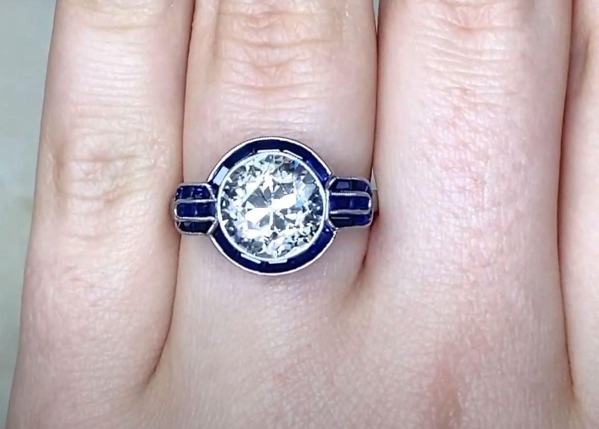 Art Deco 3.07ct Old European Cut Diamond Engagement Ring, Sapphire Halo, Platinum For Sale