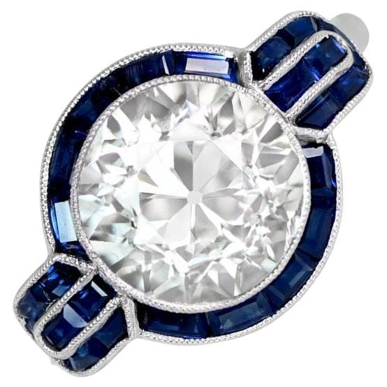 3.07ct Old European Cut Diamond Engagement Ring, Sapphire Halo, Platinum For Sale