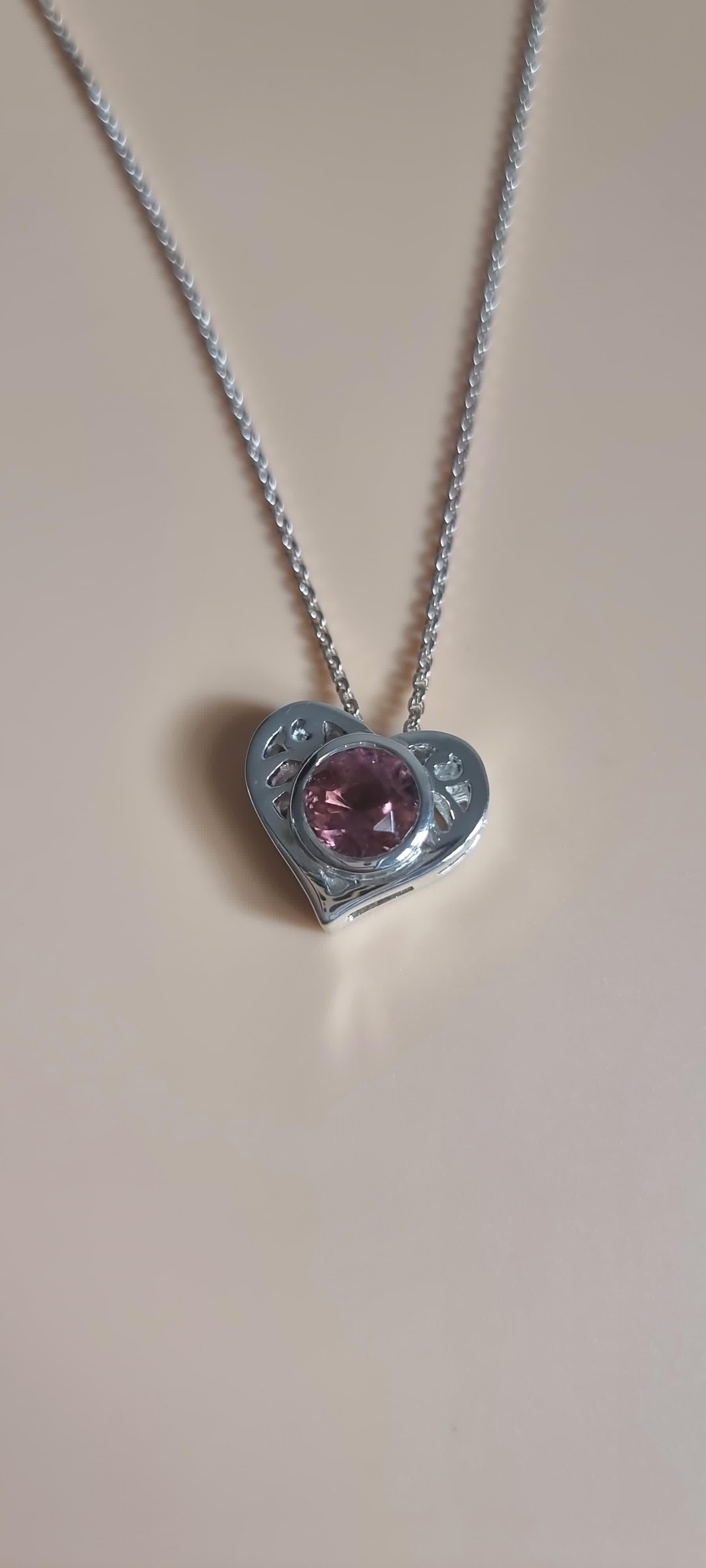 Sterling Silver Round Natural Pink Tourmaline Heart Necklace Pendant For Sale 4