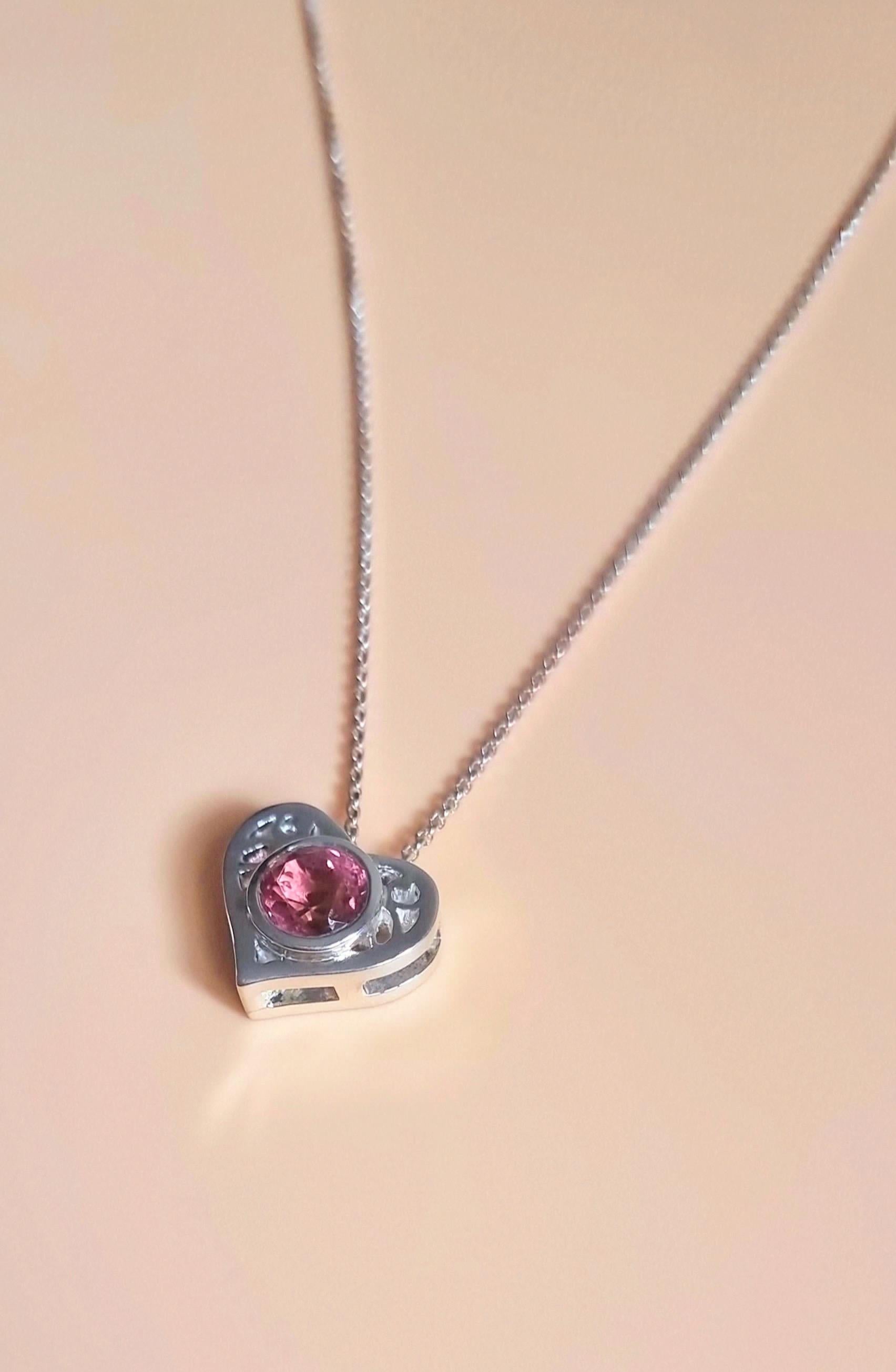 Sterling Silver Round Natural Pink Tourmaline Heart Necklace Pendant For Sale 5