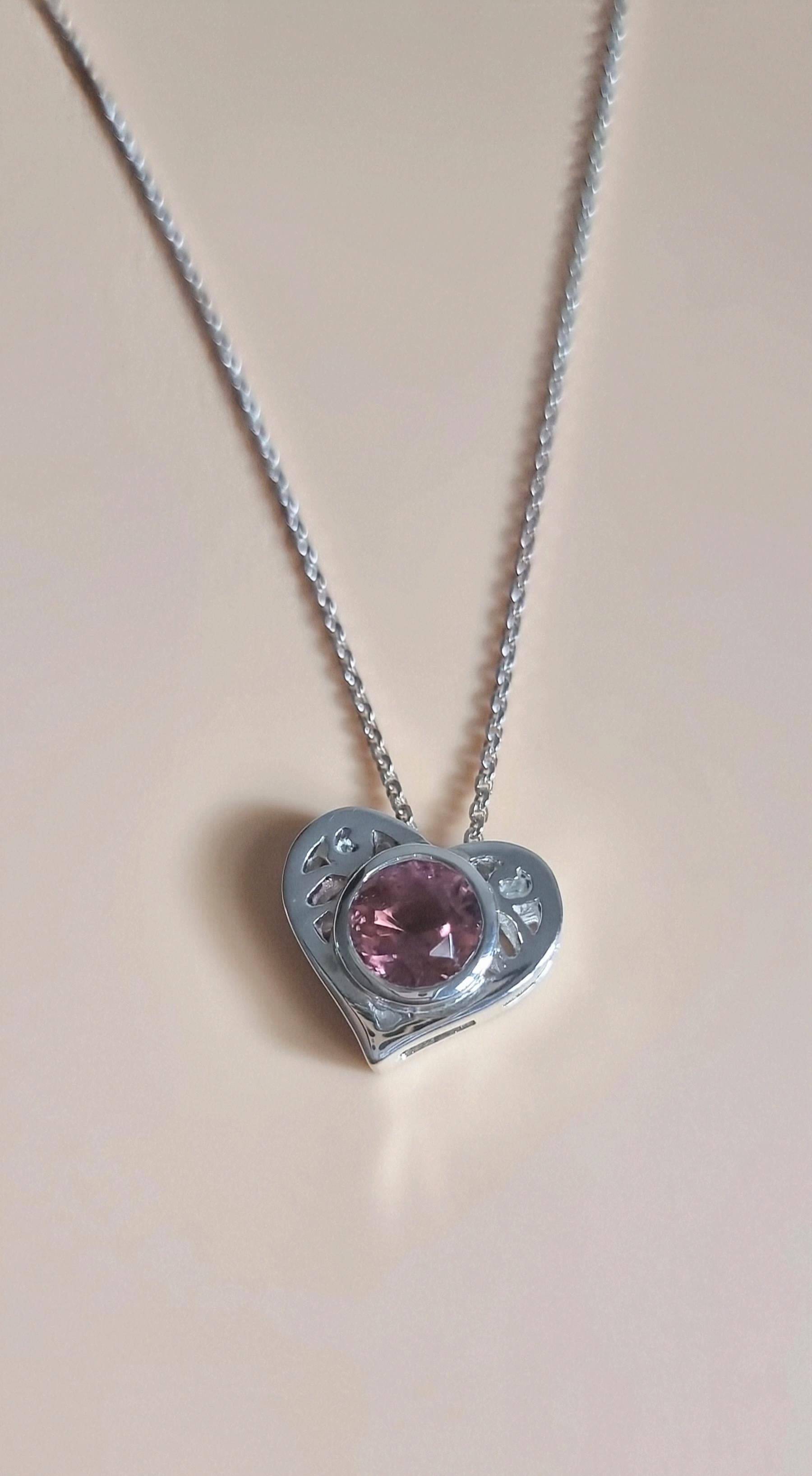 Sterling Silver Round Natural Pink Tourmaline Heart Necklace Pendant For Sale 3