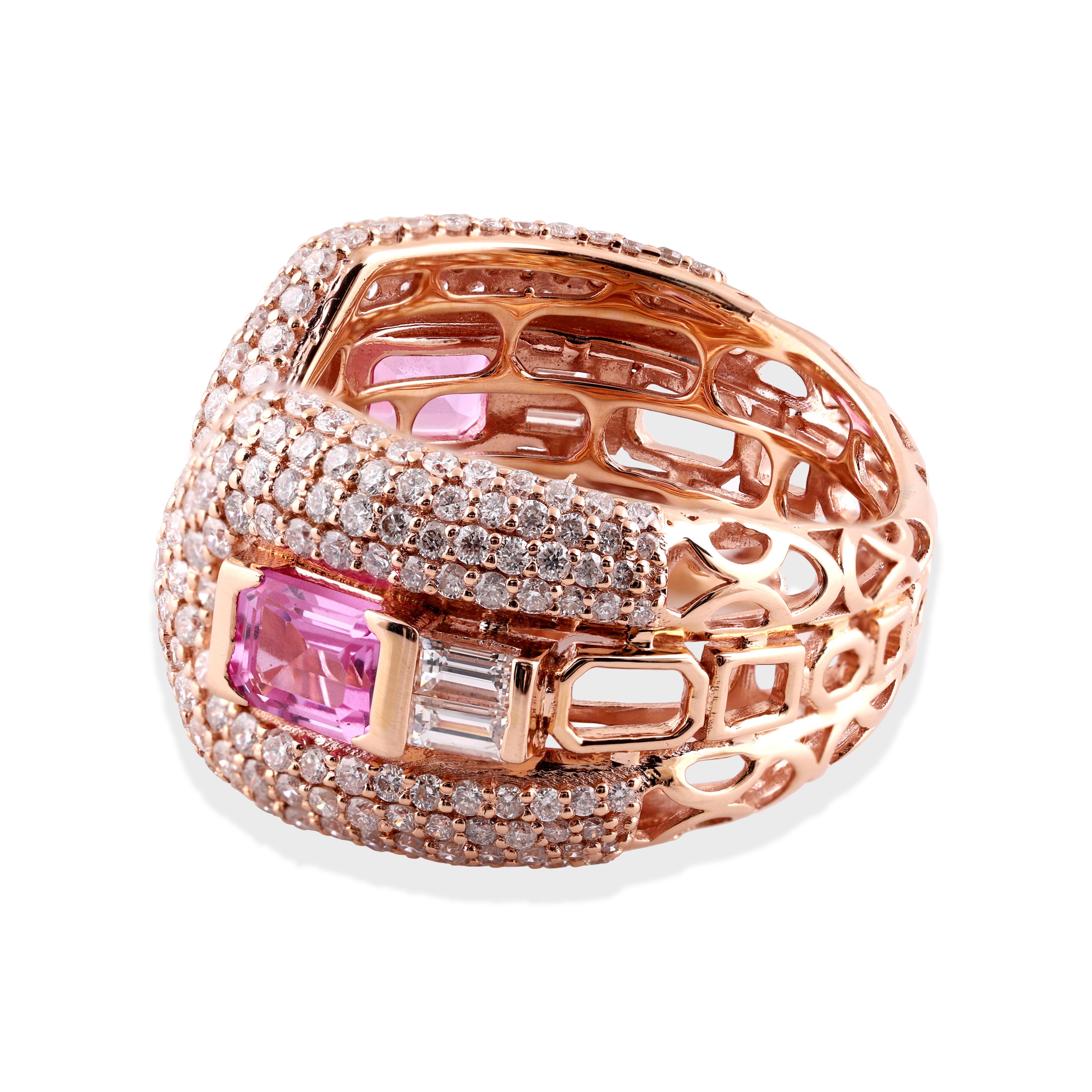 in vendita:  3.07Tcw Cocktail Pink Sapphire Cuff Diamond Open Ring Oro 18K Tutte le tariffe pagate 4