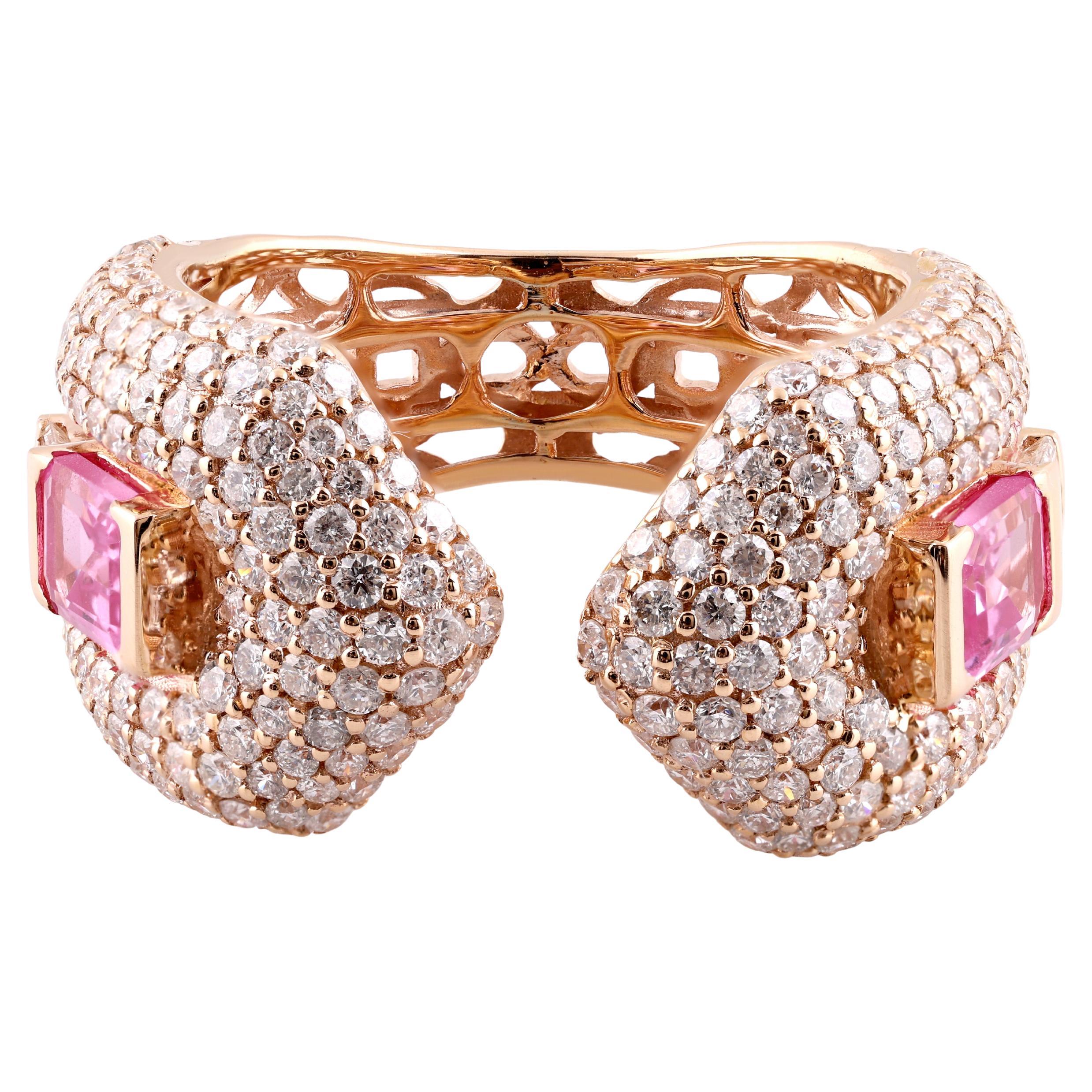 3.07Tcw Cocktail Pink Sapphire Cuff Diamond Open Ring Oro 18K Tutte le tariffe pagate