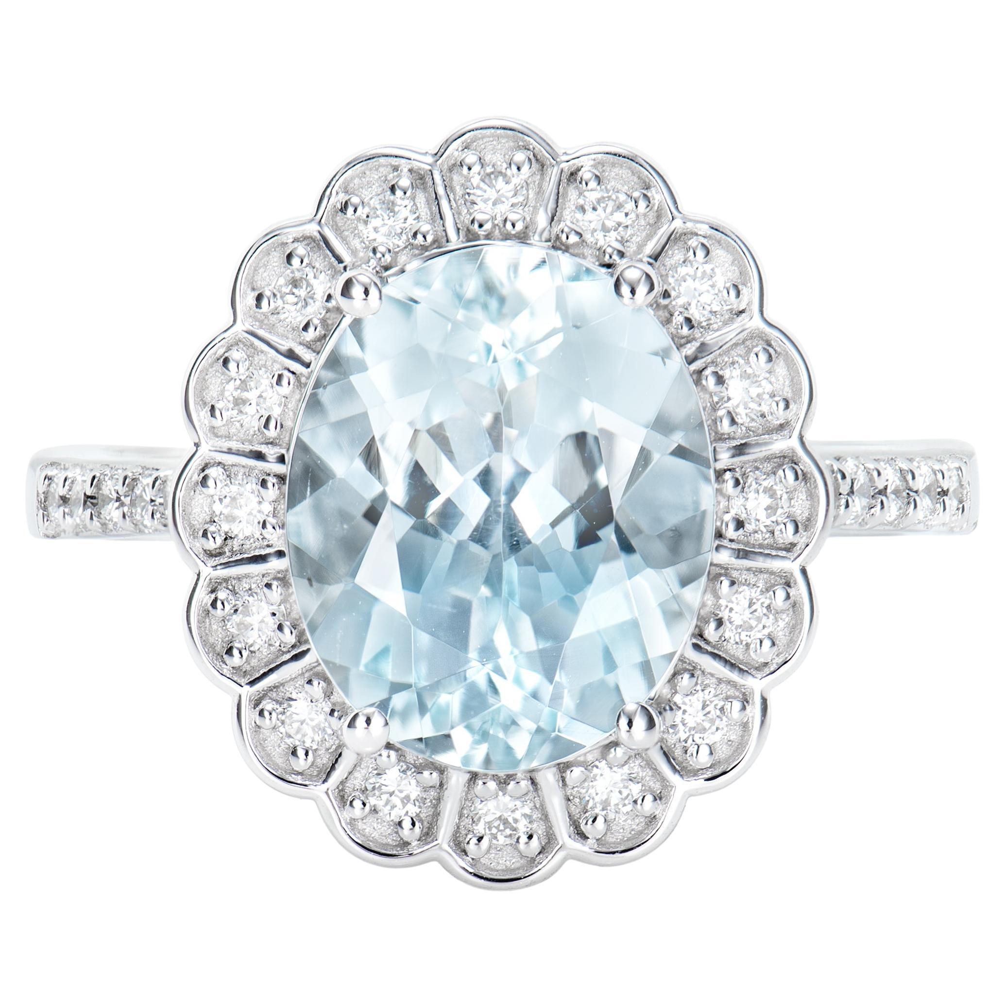 3.08 Carat Aquamarine Elegant Ring in 18 Karat White Gold with White Diamond For Sale